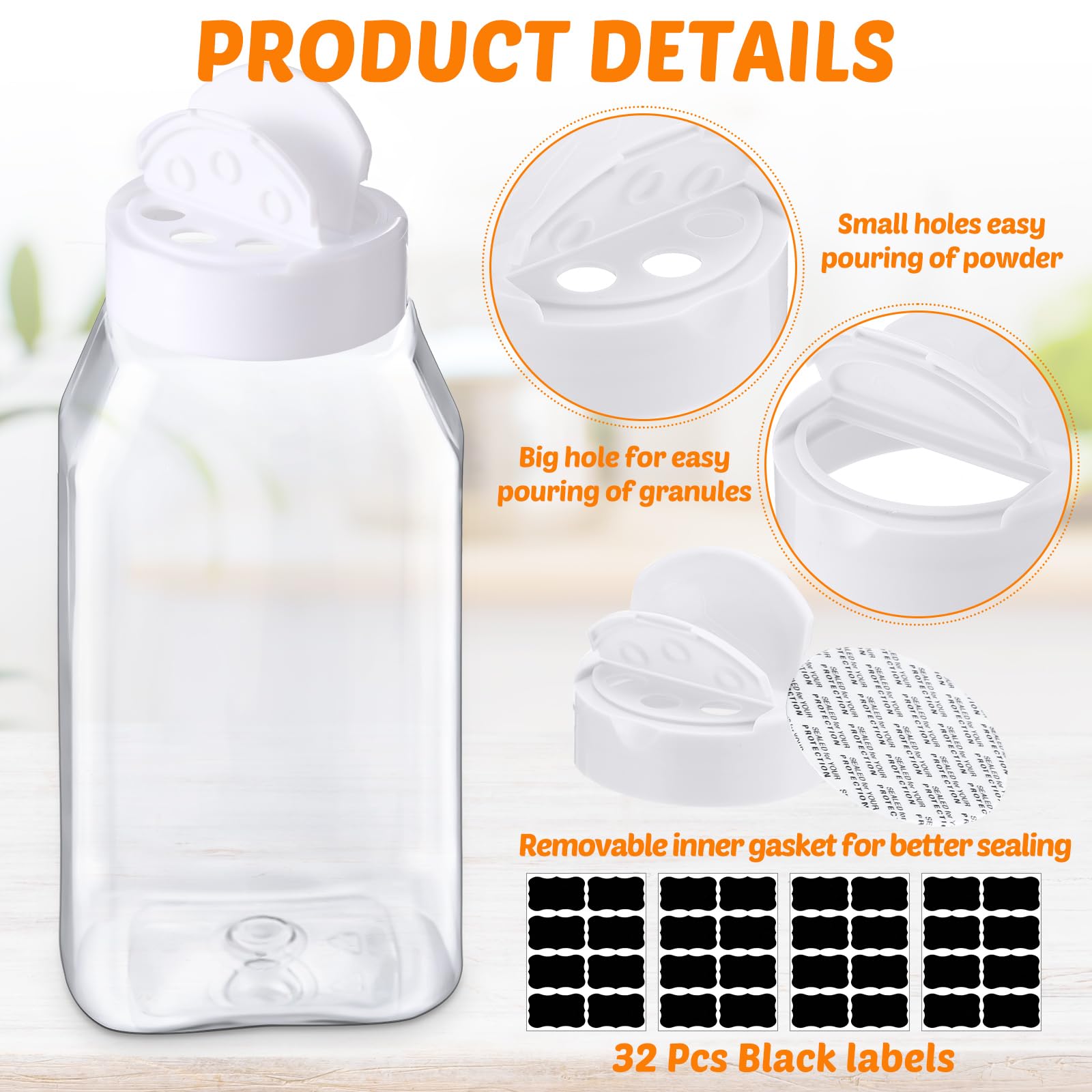 Mifoci 28 Pack 16 oz Plastic Spice Jars with Cap Square Plastic Bottle Containers with Shaker Lids and Stickers Large Seasoning Shaker Empty Powder Storage Container for Storing Salt Herbs (Black)