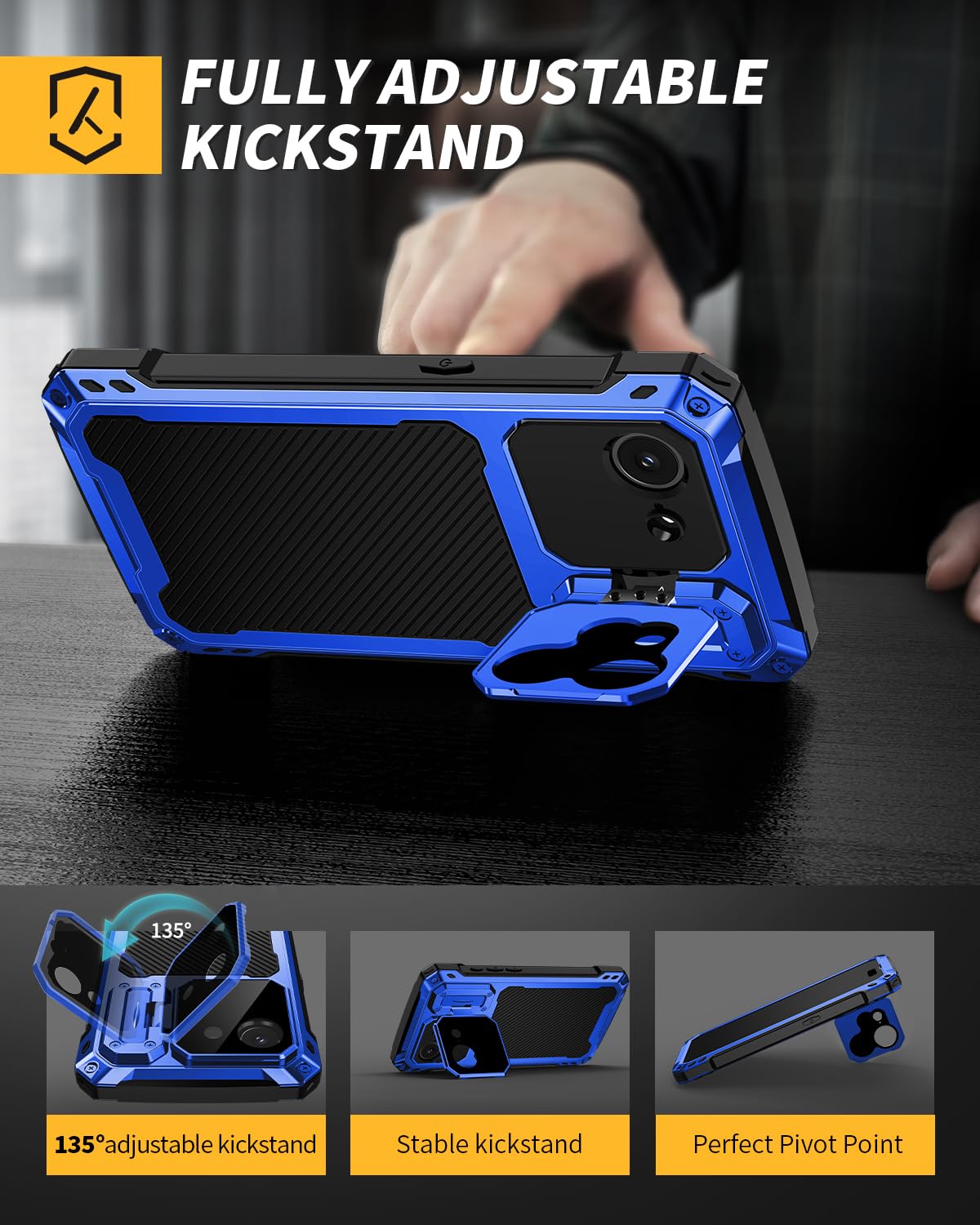 Lanhiem for iPhone 16 Metal Case with Camera Cover & Stand [Compatible with MagSafe] [Built-in Kickstand] [Military-Grade Protection] Heavy Duty Rugged Magnetic Phone Case, Black