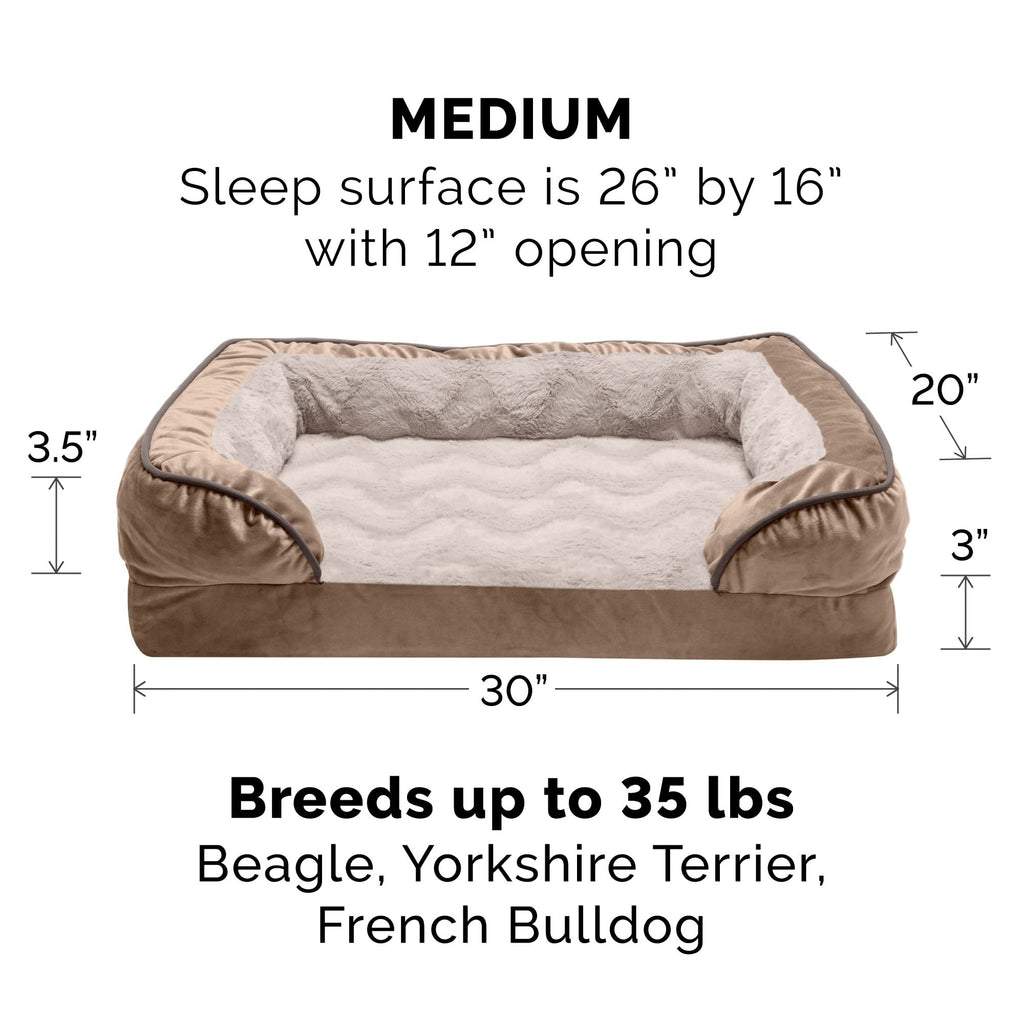 Furhaven Cooling Gel Dog Bed for Medium/Small Dogs w/ Removable Bolsters & Washable Cover, For Dogs Up to 35 lbs - Plush & Velvet Waves Perfect Comfort Sofa - Brownstone, Medium
