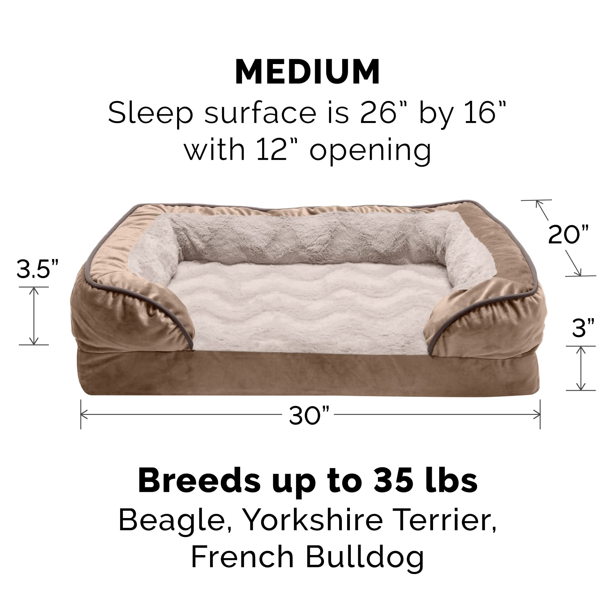 Furhaven Cooling Gel Dog Bed for Medium/Small Dogs w/ Removable Bolsters & Washable Cover, For Dogs Up to 35 lbs - Plush & Velvet Waves Perfect Comfort Sofa - Brownstone, Medium