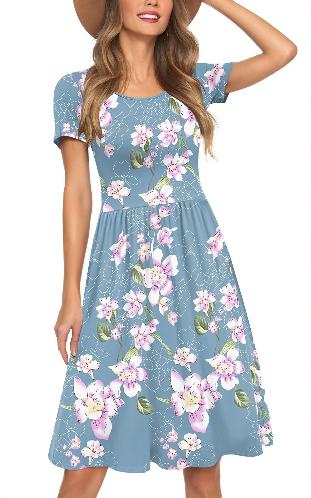 Womens Short Sleeve Empire Waist Dresses Casual Summer Dress with Pockets