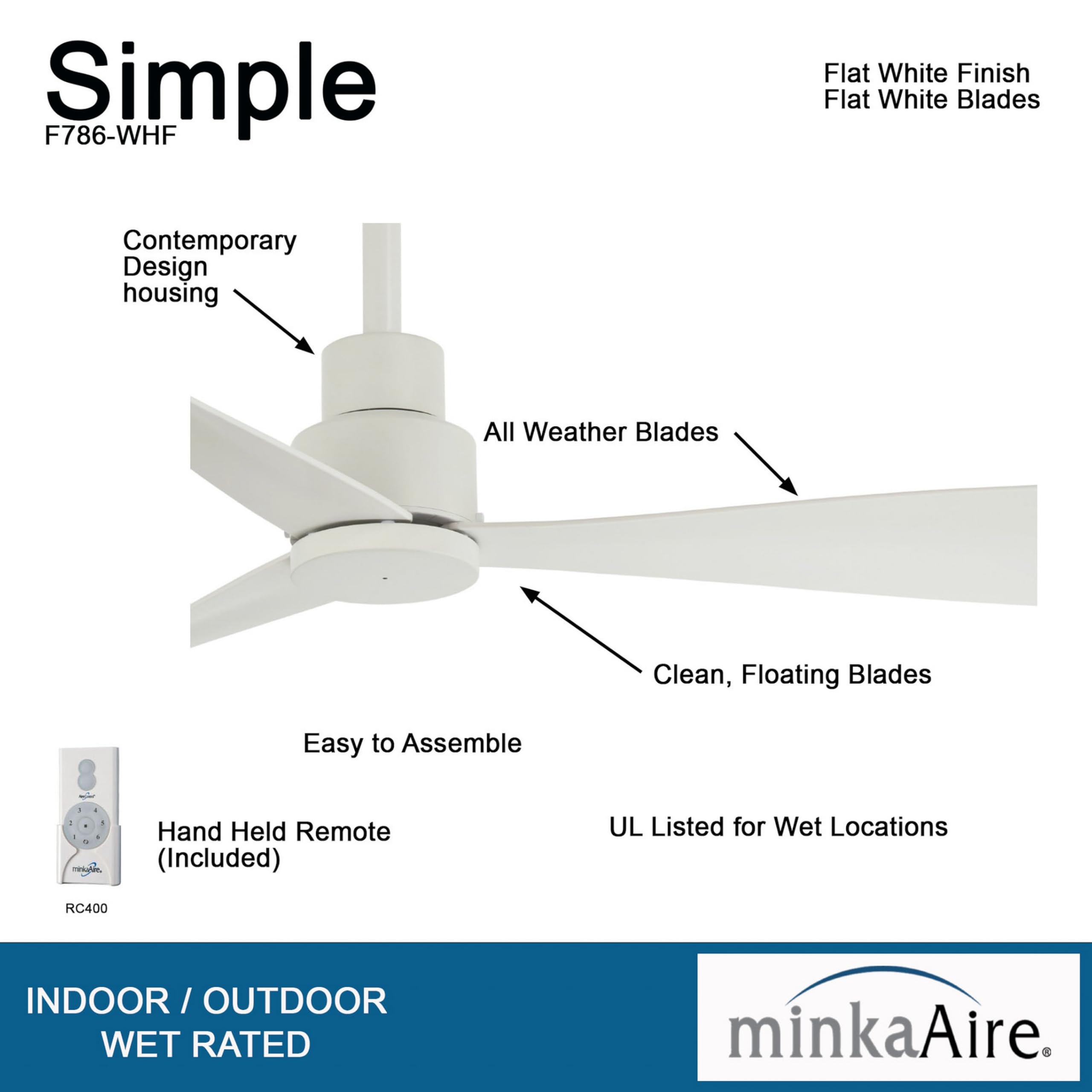 MINKA-AIRE F786-CL Simple 44 Inch Outdoor 3 Blade Ceiling Fan with DC Motor, Coal