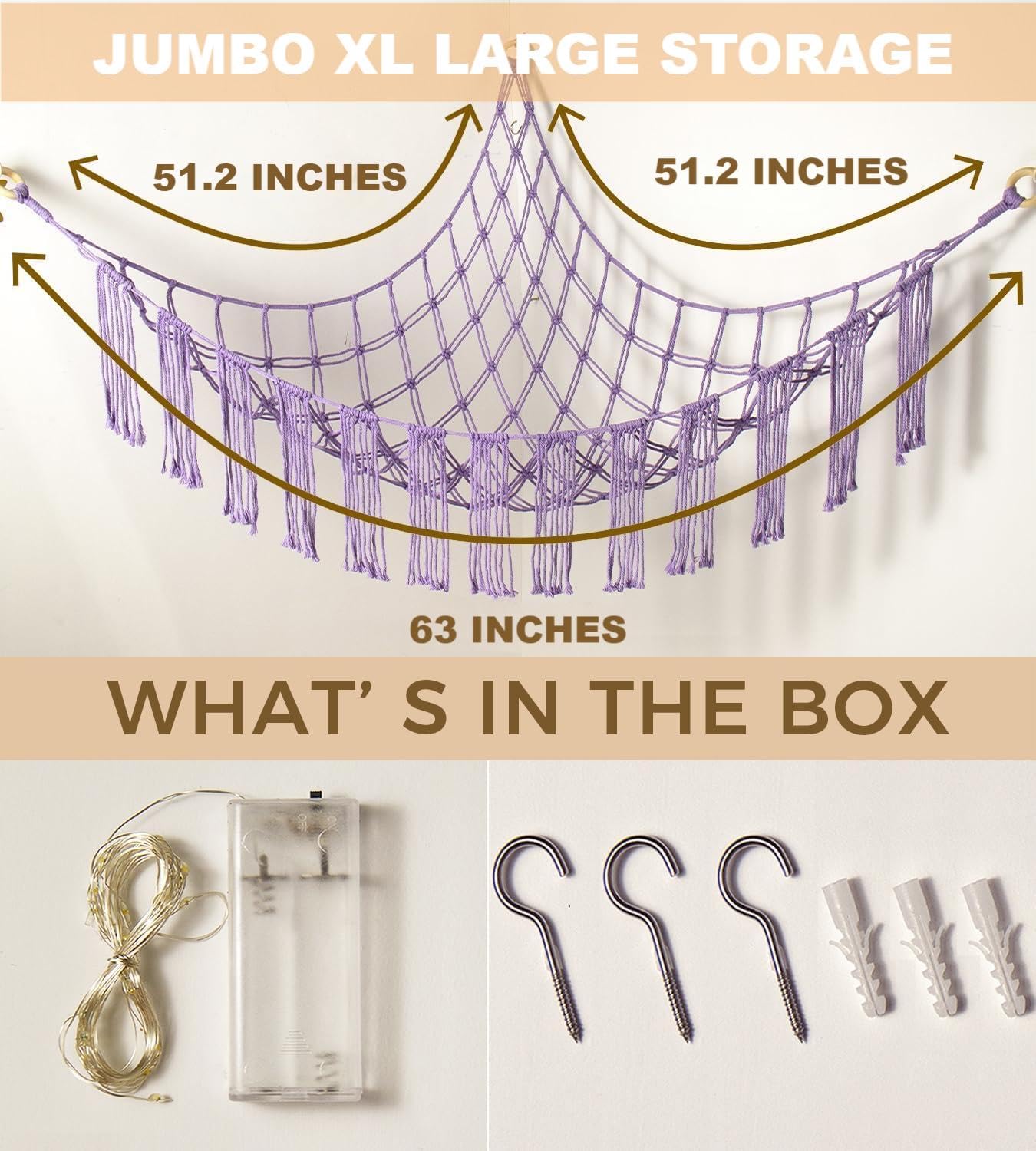 Stuffed Animal Hammock Corner with LED Light - Toy Storage Hammock Plushie Net Large - Cute Stuff Animals Holder Hanging Organizer - Baby Room Decor Kids Toddler Nursery Bedroom Boho