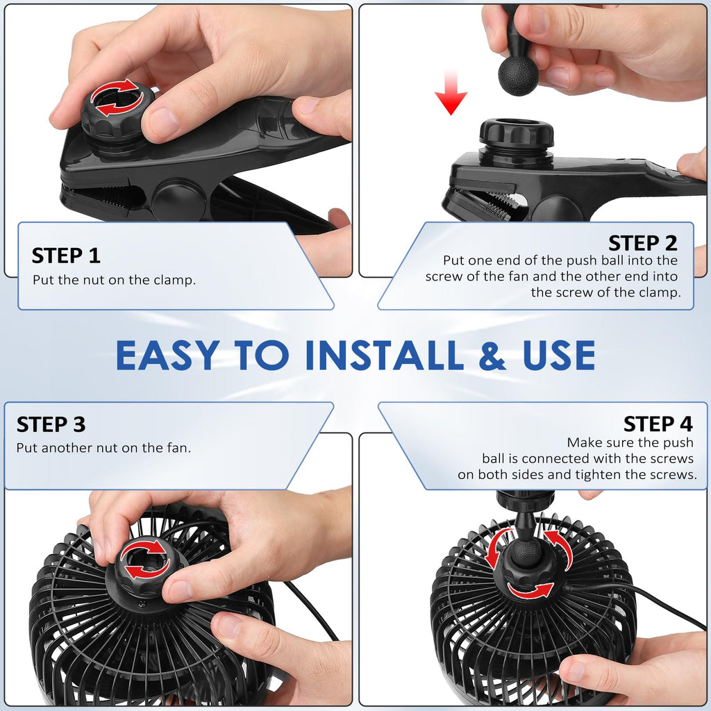 XOOL Clip Car Fan, 9 Inches 12V/24V Fan, 360° Rotatable Electric Cooling Clip on Fan with Stepless Speed Regulation for SUV, RV, Truck