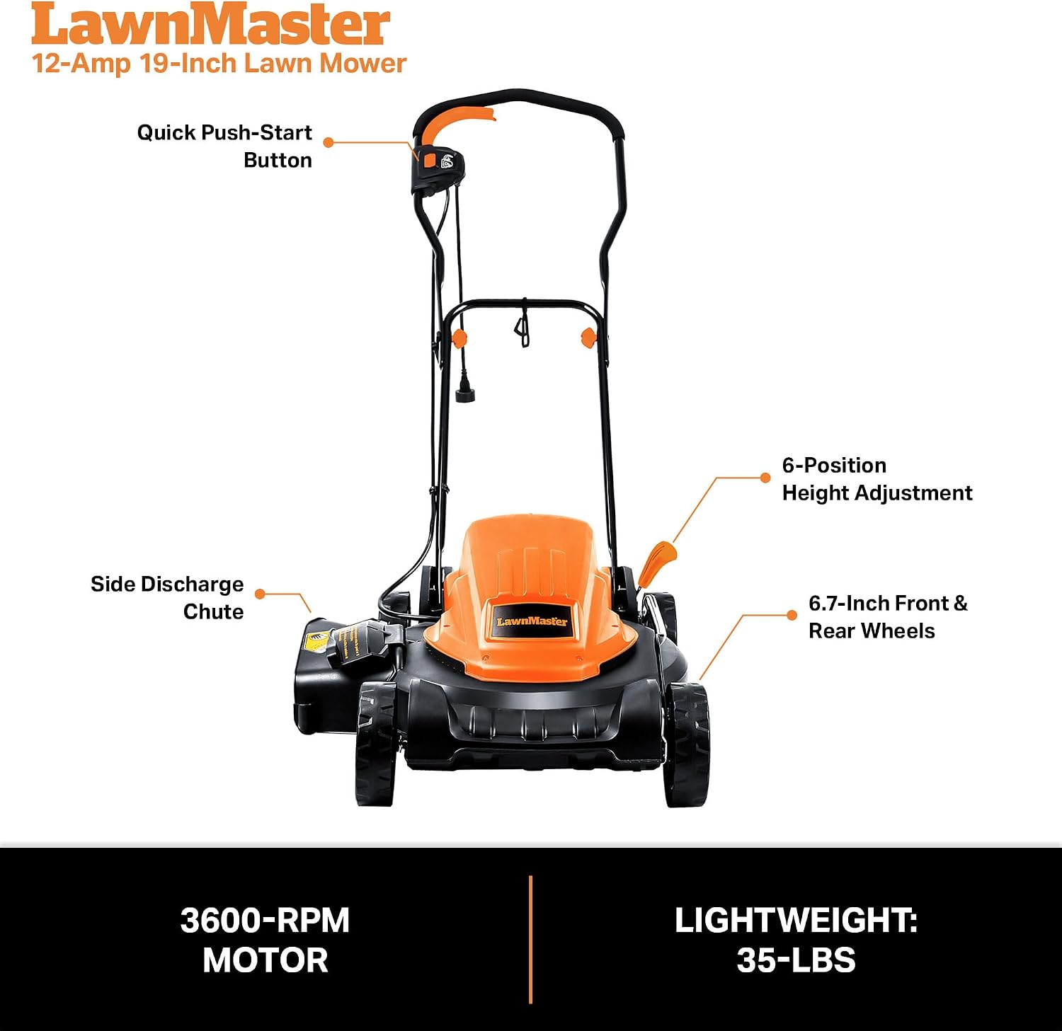 LawnMaster ME1218X Electric Lawn Mower 12AMP 19-Inch