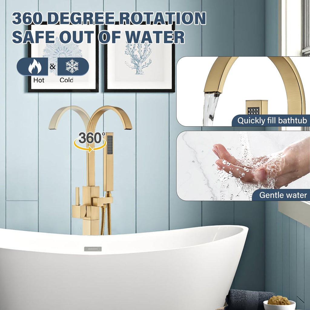 Brushed Gold Freestanding Bathtub Faucet with Hand Shower Tub Filler Faucet Floor Mounted High Flow Single Handle Bath Filler Solid Brass