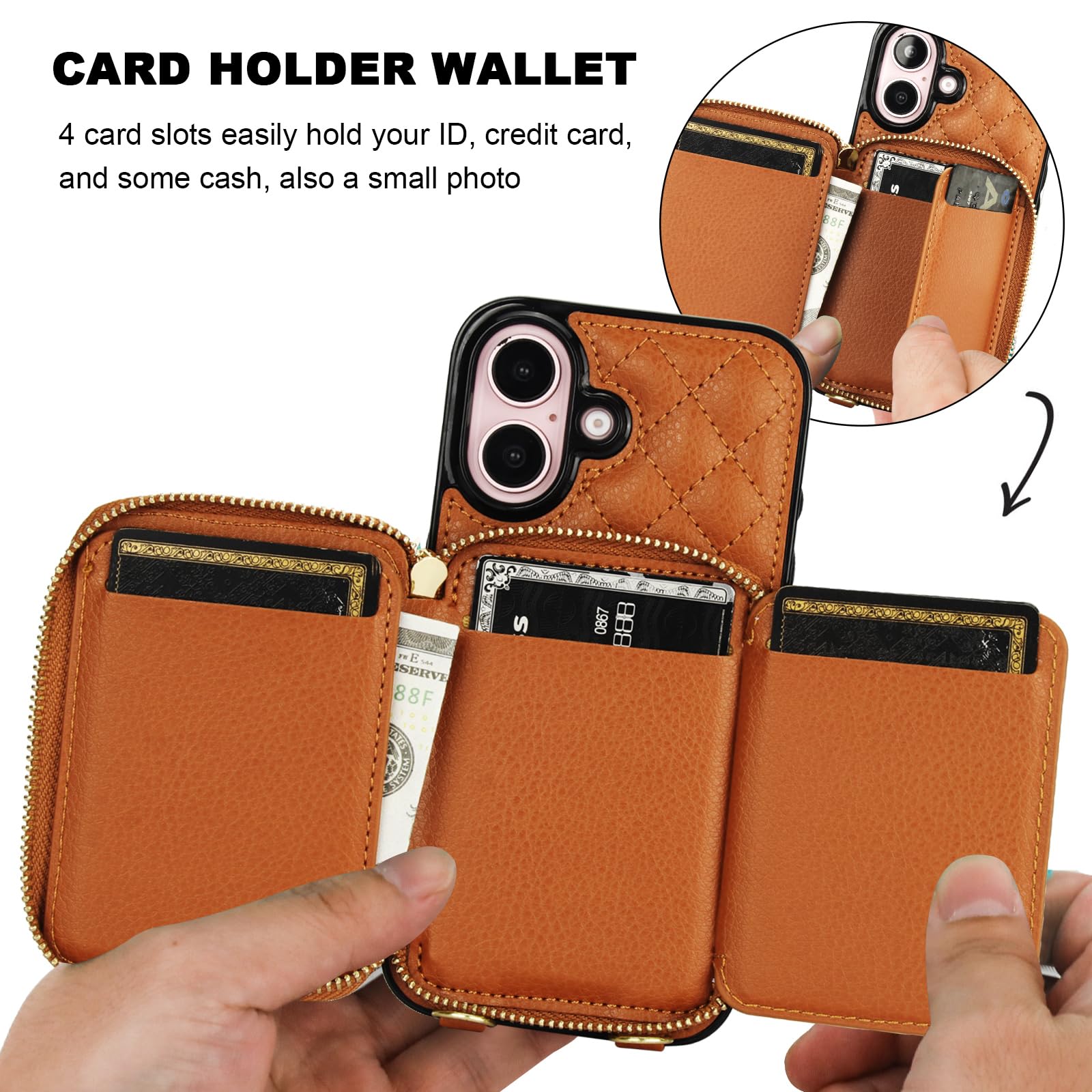 Bocasal Crossbody Wallet Case for iPhone 16, RFID Blocking PU Leather Zipper Handbag Purse Flip Cover, Kickstand Folio Case with Card Slots Holder Wrist Strap Lanyard 5G 6.1 Inch (Black)