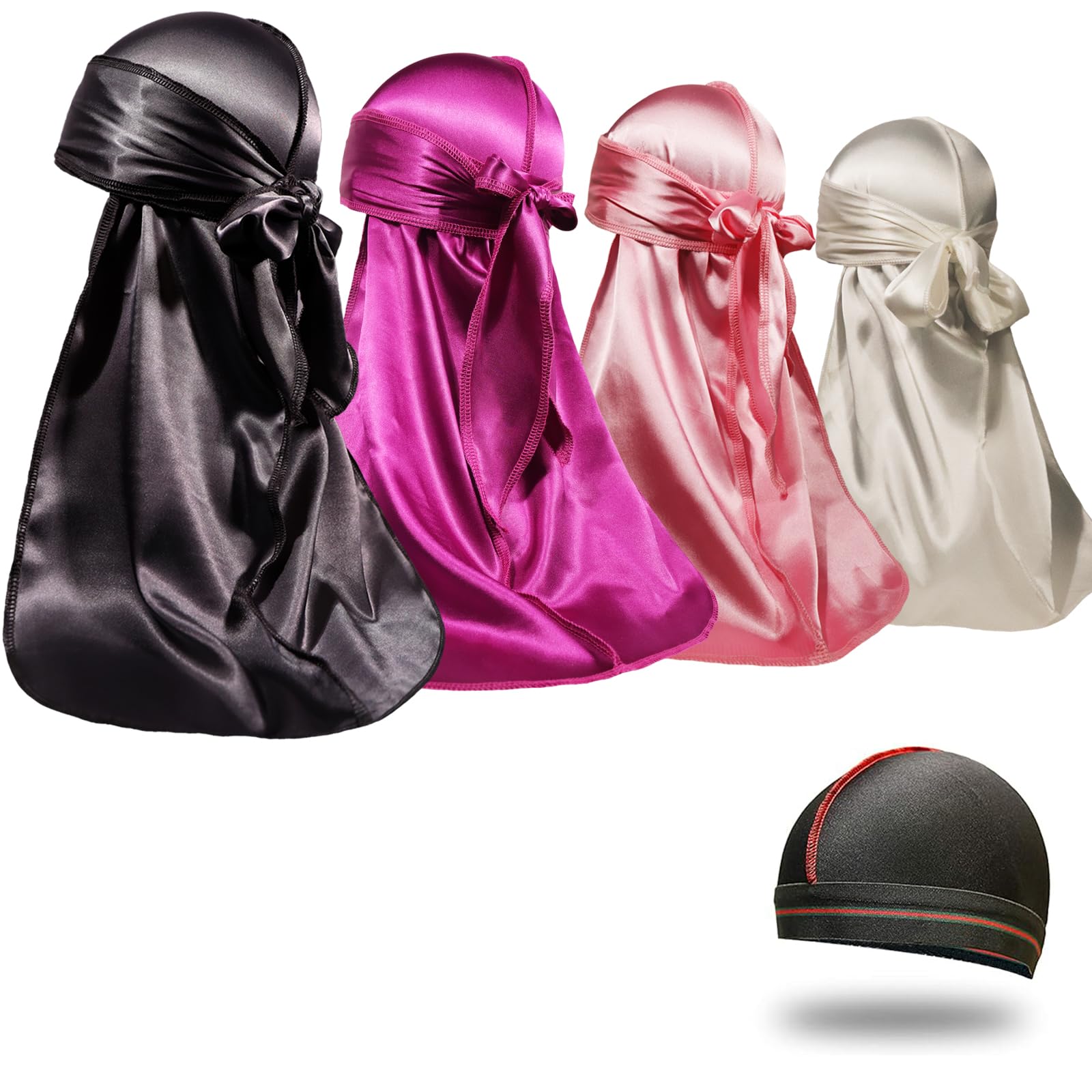 4PCS Silky Durags for Men Women 360 Waves with 1 Wave Cap, Silky Satin Durag Extra Long Tails
