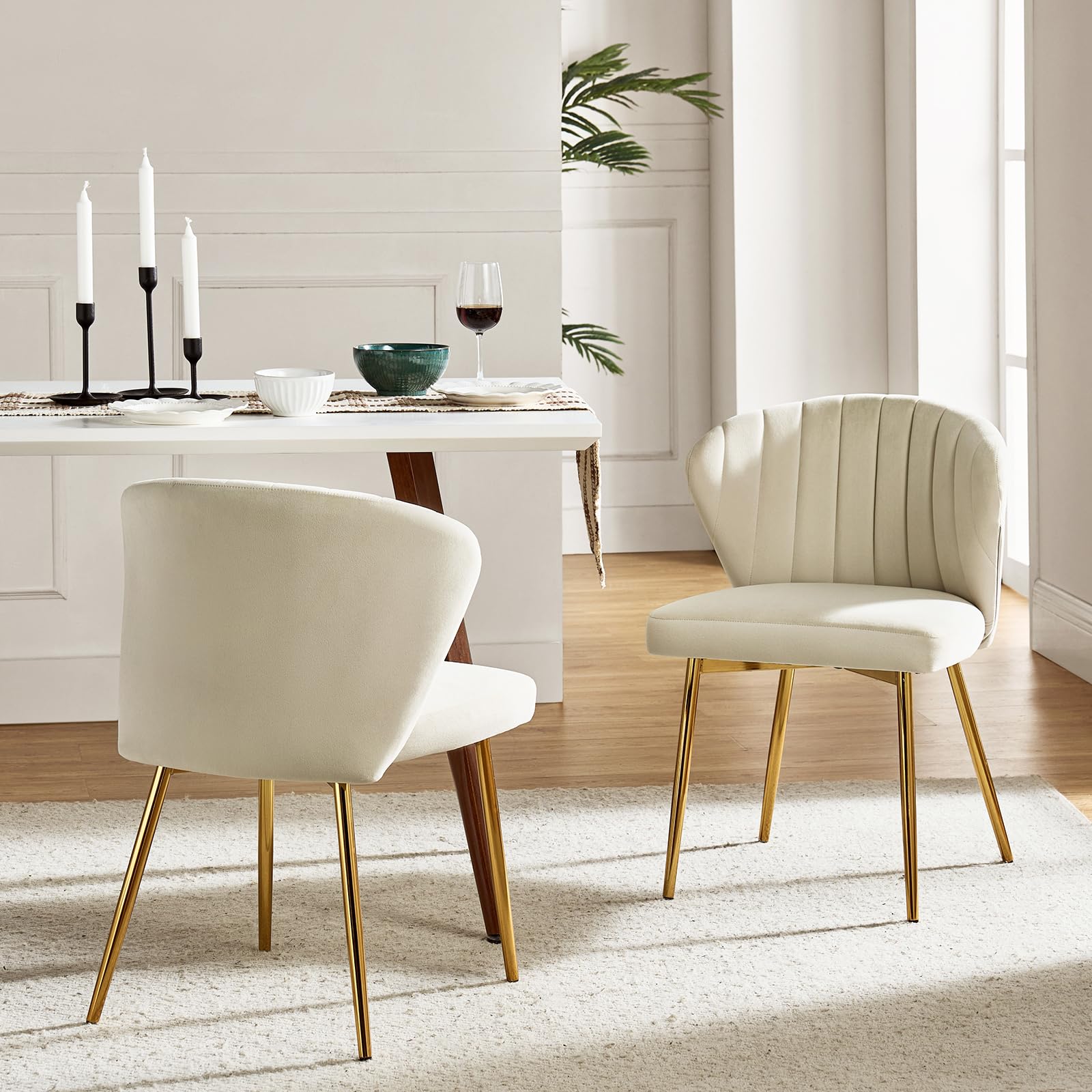 HULALA HOME Velvet Dining Chairs, Modern Small Armless Accent Chair with Gold Metal Legs, Living Room Upholstered Cute Side Chair, Elegant Tufted Back Vanity Chair for Bedroom, Auburn
