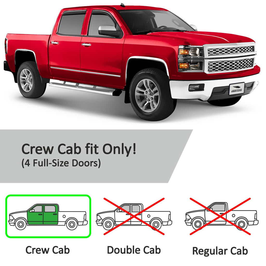 Voron Glass in-Channel Extra Durable Rain Guards for Trucks Chevrolet (Chevy) Silverado/GMC Sierra 2014-2018 Crew Cab, Window Deflectors, Vent Window Visors, 4 Pieces - 220009