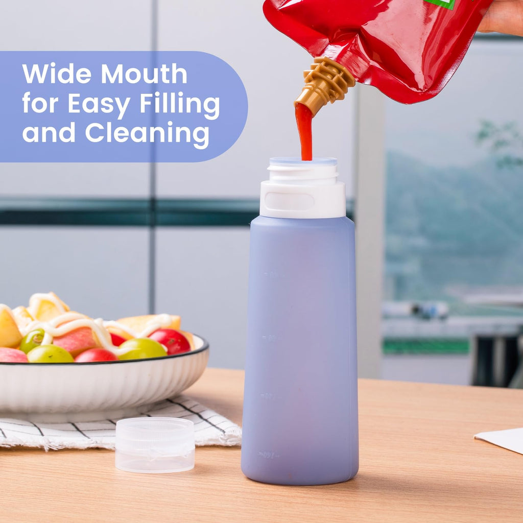 MICEBAY Condiment Squeeze Bottles for Sauces, 1-oz Mini Silicone Salad Dressing Container to Go with Snack Storage Bag, Leakproof Sauce Bottles for Lunch Box, 4 Pack, Blue