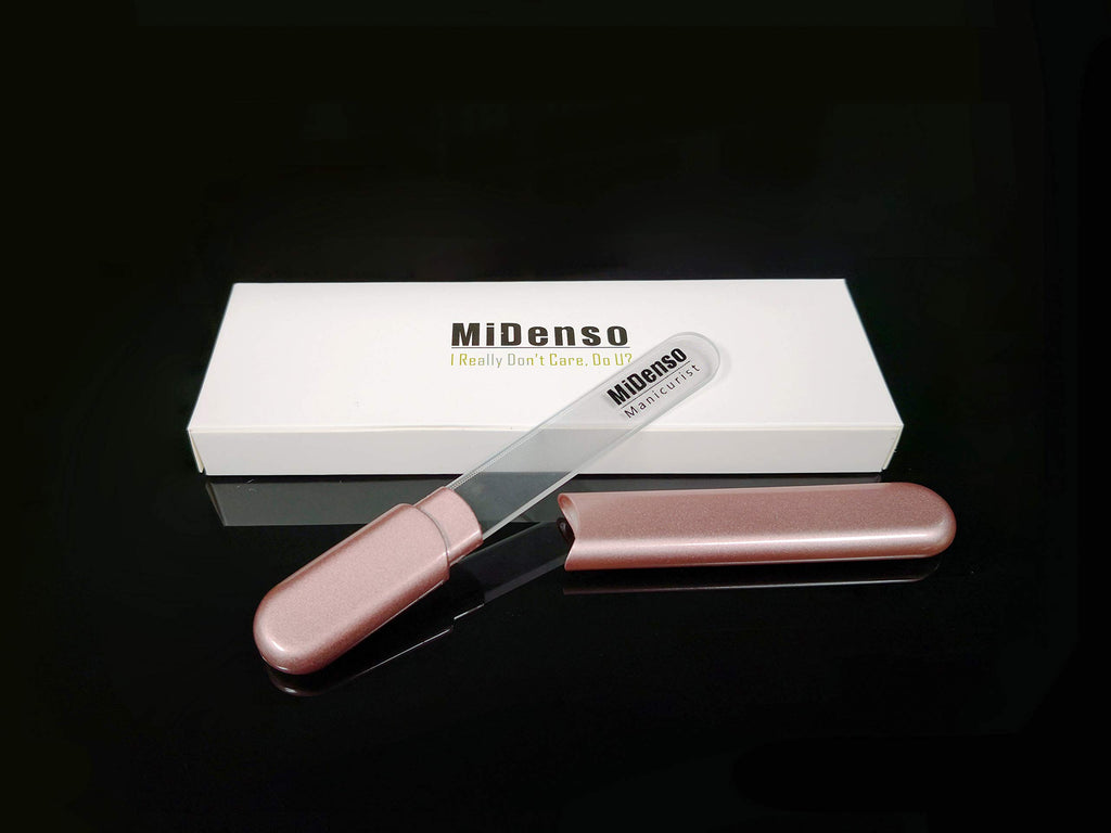 MiDenso Premium Glass Nail File with Case, Crystal Diamond Salon Nail Buffer for Natural and Acrylic Nails, Apricot Color, Japanese Nano Technology, 5.5 Inch