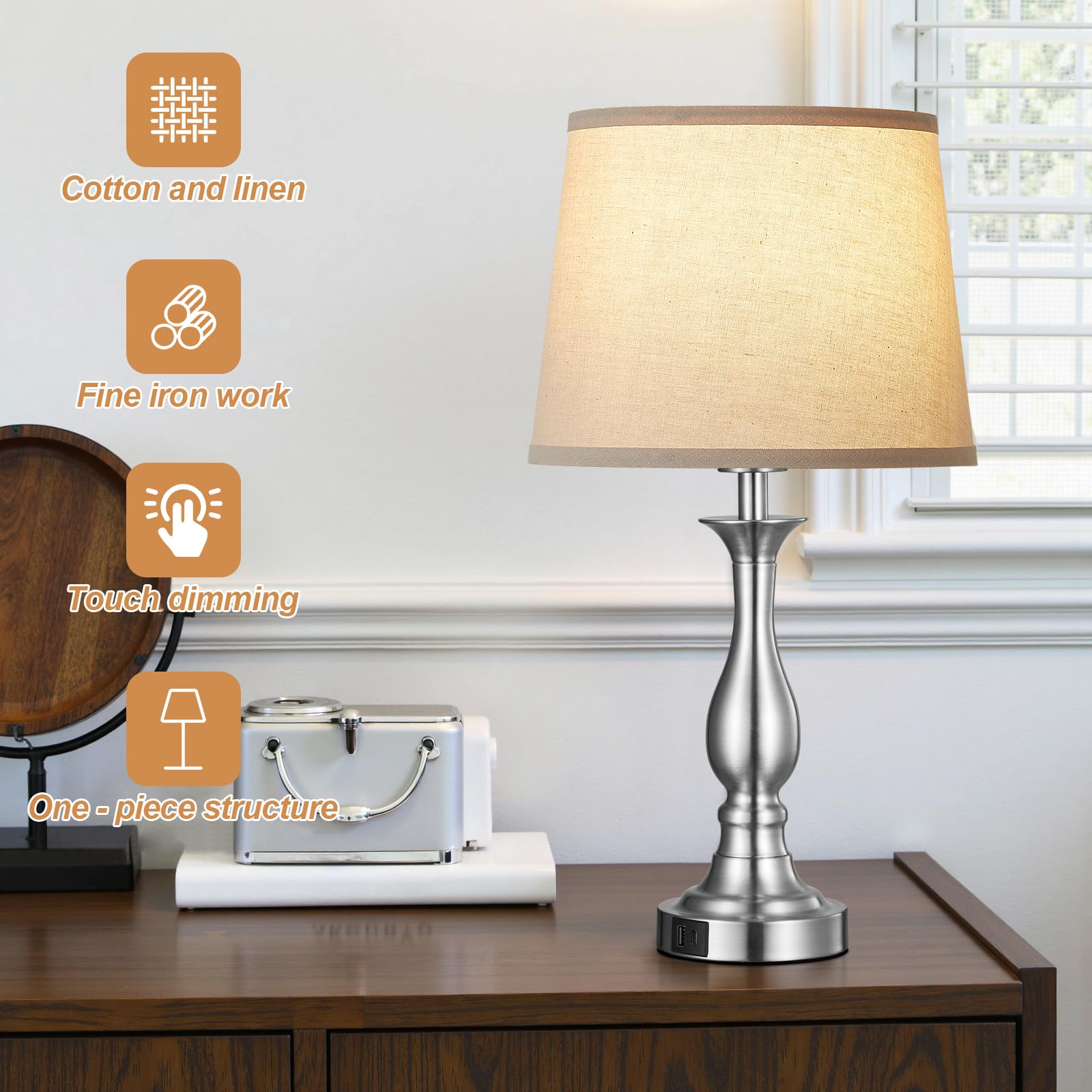 Bedside Table Lamp Touch Control Bedroom Lamps with USB A and C Charging Port 3 Way Dimmable Touch Lamps for Nightstand Living Room Bedroom Dorm Home Office Reading, Set of 2
