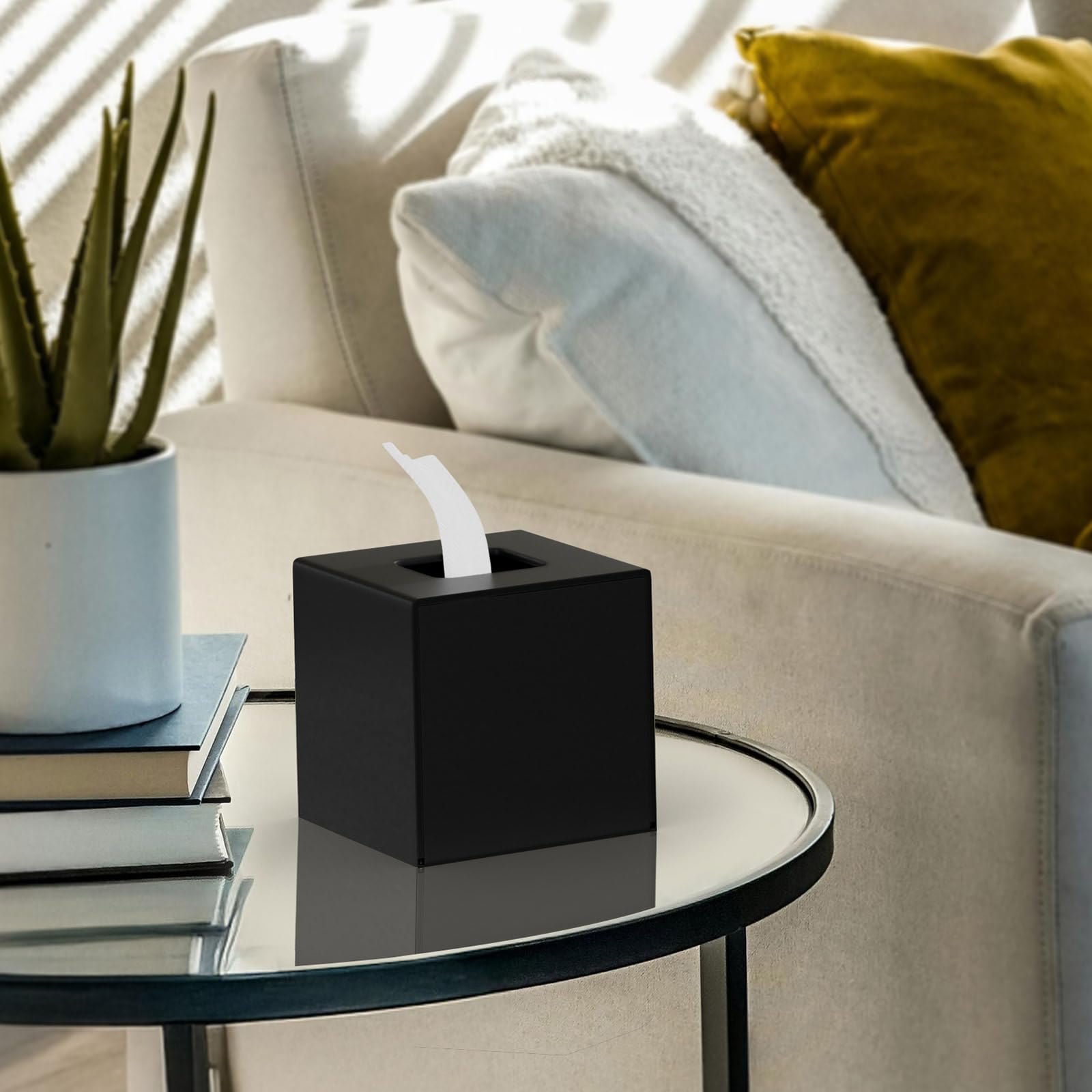 HIIMIEI Tissue Box Cover, Acrylic Tissue Holder Napkin Dispenser for Home Office Restaurant Desk Decor, Black Square 5.4x5.4x5.4''
