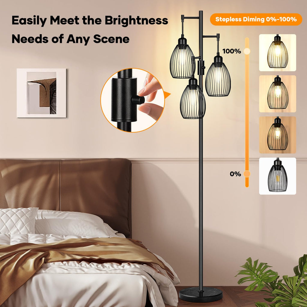 Dimmable Floor Lamp, 3 x 800LM LED Edison Bulbs Included, Farmhouse Industrial Floor Lamp Standing Tree Lamp with Elegant Teardrop Cage Tall Lamps for Living Room Bedroom Office Dining Room-Brass