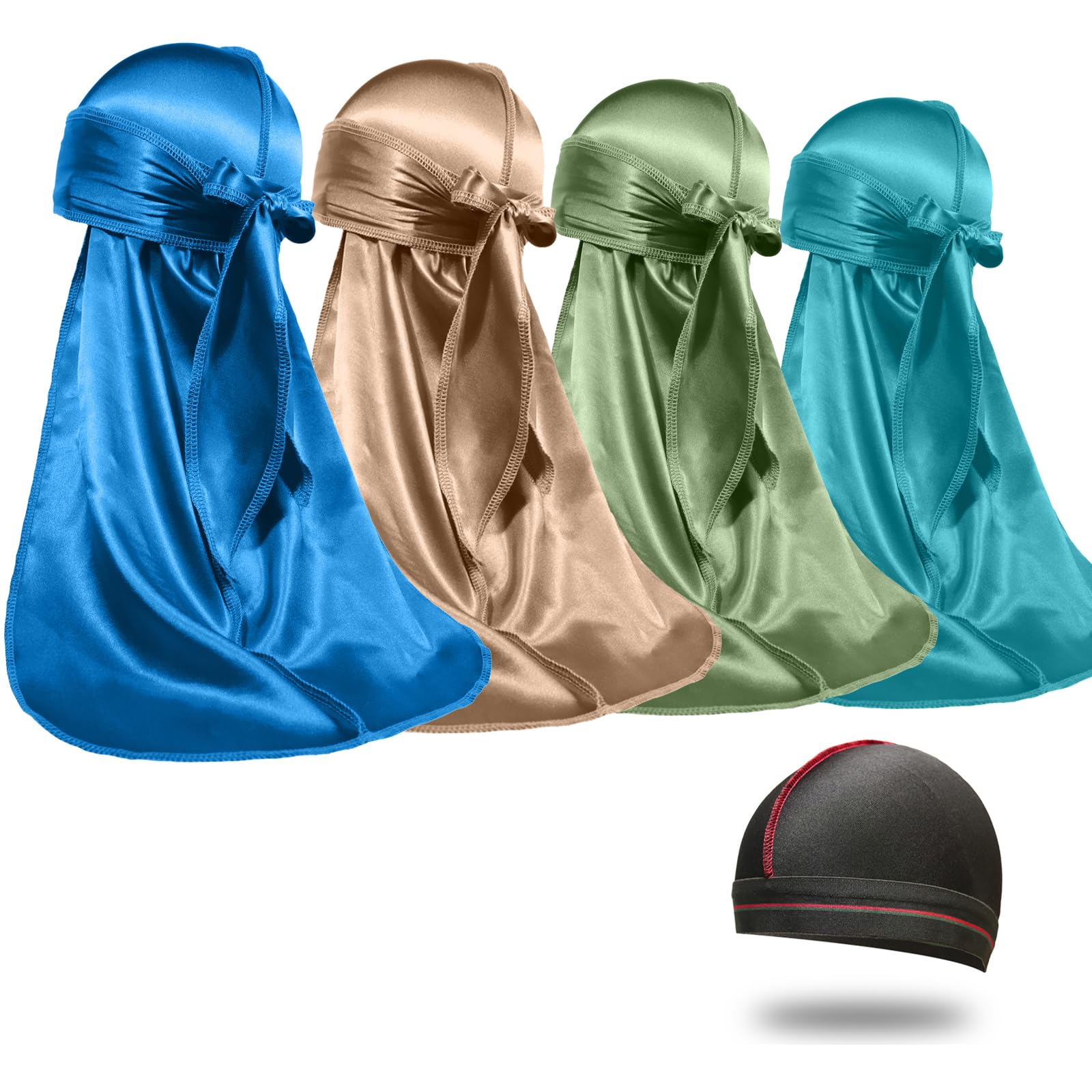 4PCS Silky Durags for Men Women 360 Waves with 1 Wave Cap, Silky Satin Durag Extra Long Tails
