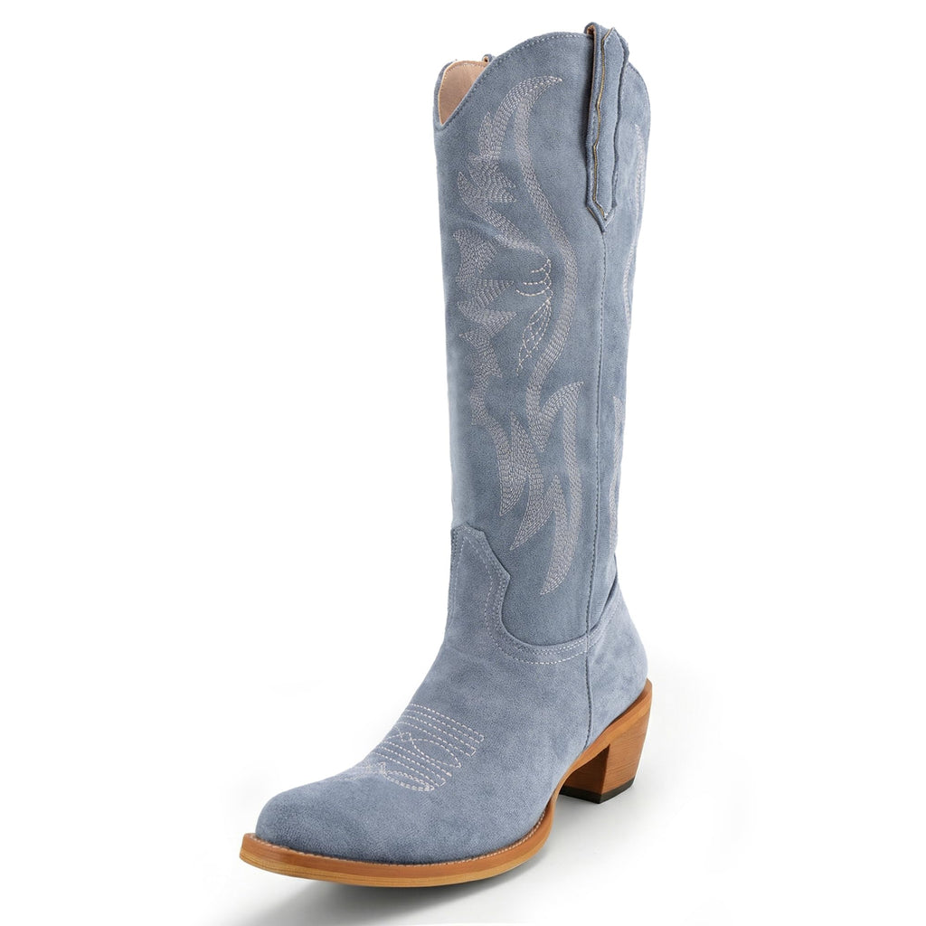 GORBINETI Women Cowboy Boots Mid Calf Cowgirl Western Boots Embroidered Suede Pull On Almond Toe Chunky Heel