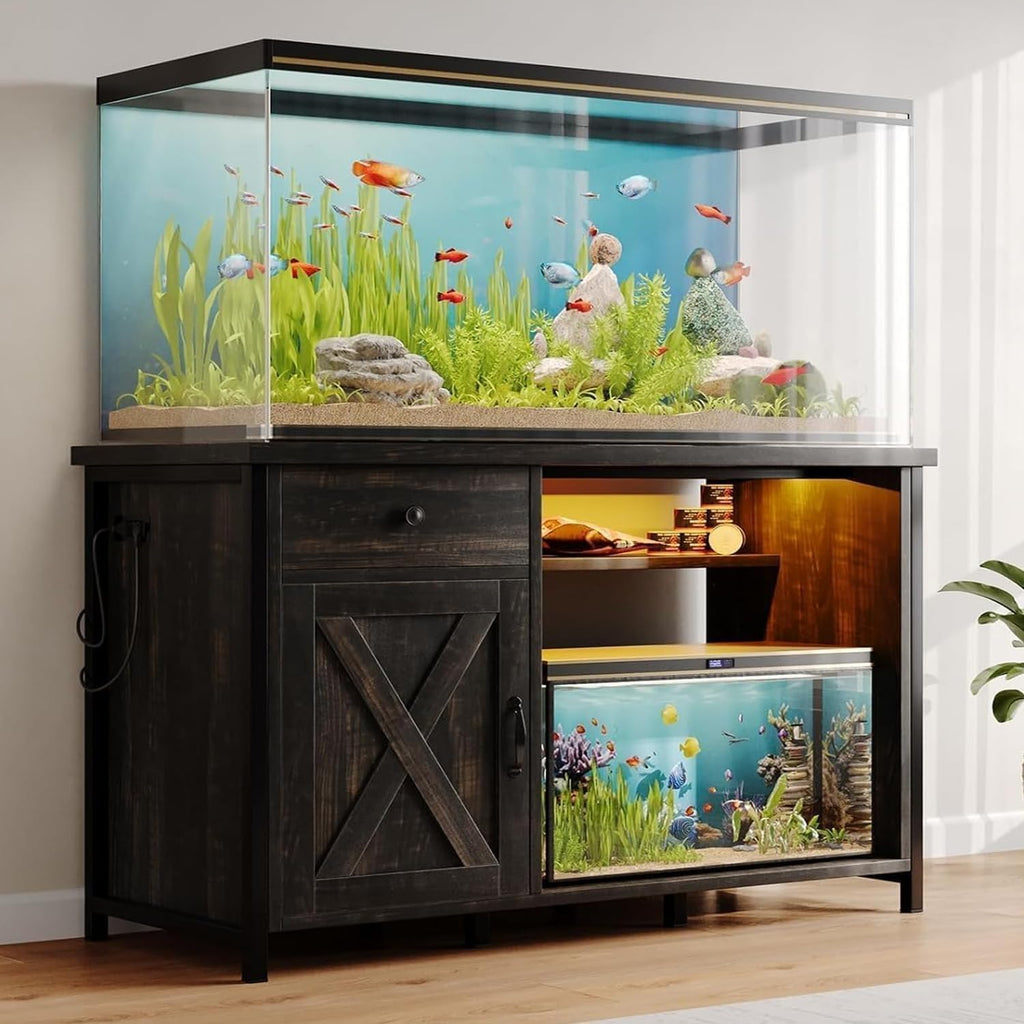 4ever2buy 55-75 Gallon Fish Tank Stand with Power Outlets, LED Light, Heavy Duty Aquarium Stand with Cabinet for Fish Tank Accessories Storage, for Turtle Tank, Reptile Terrarium, 1100LBS, Black