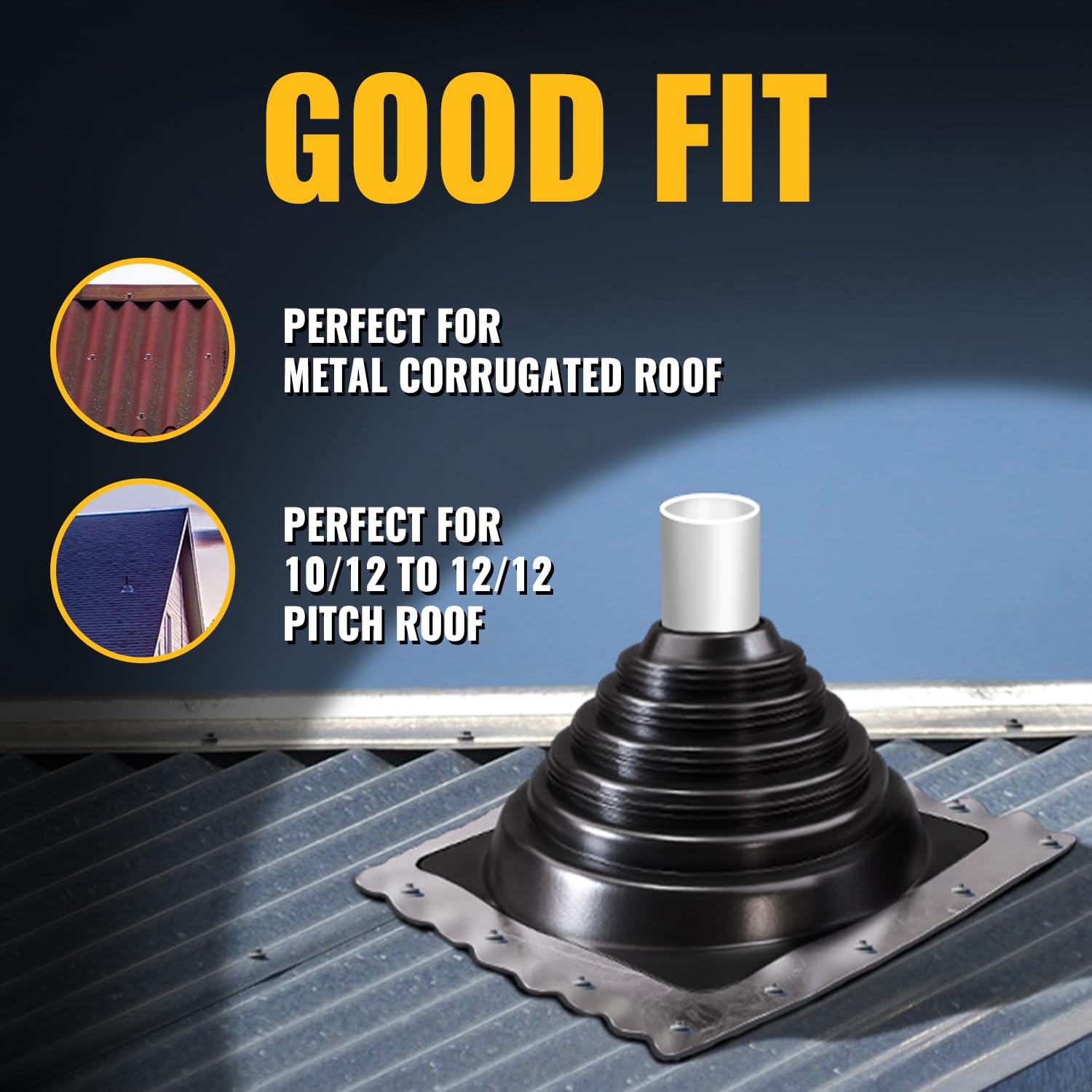 VIVIDA #1 Metal Roof Pipe Flashing, Metal Roofing Pipe Boot Kit, High Temp Silicone Vent Boot, for Tube OD 1/4" to 2", Square Base, Screws & Hex Socket Included, 1 Pack, Black