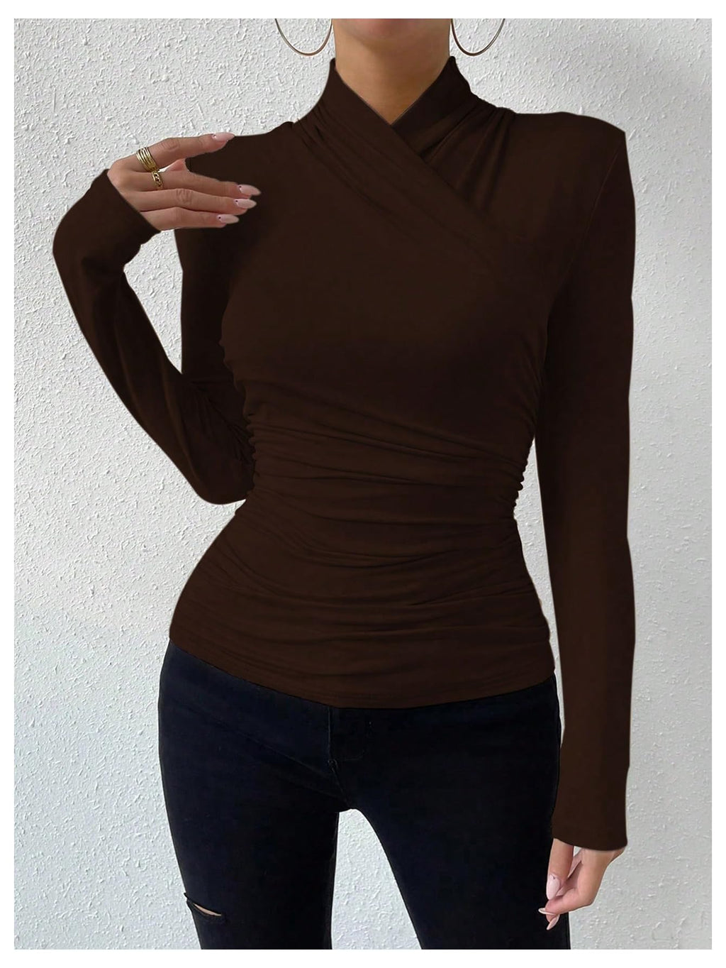 SweatyRocks Women's Ruched Mock Neck Long Sleeve T Shirt Solid Slim Fitted Tee Tops