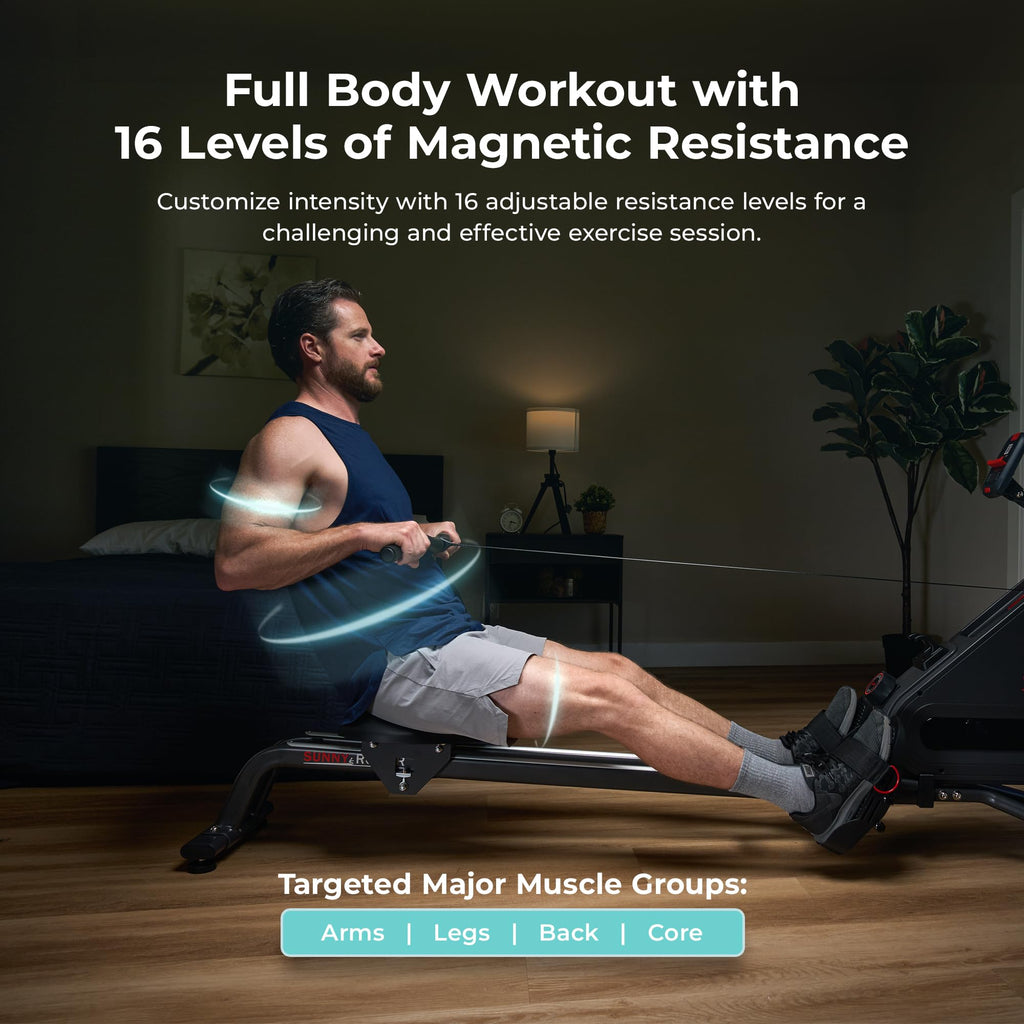 Sunny Health & Fitness Magnetic Rowing Machine for Home Exercise, Quiet & Smooth Rower with Compact Storage and Optional Free SunnyFit App Connectivity