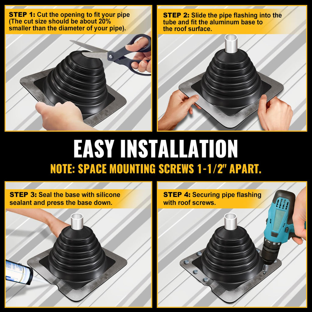 VIVIDA #1 Metal Roof Pipe Flashing, Metal Roofing Pipe Boot Kit, High Temp Silicone Vent Boot, for Tube OD 1/4" to 2", Square Base, Screws & Hex Socket Included, 1 Pack, Black