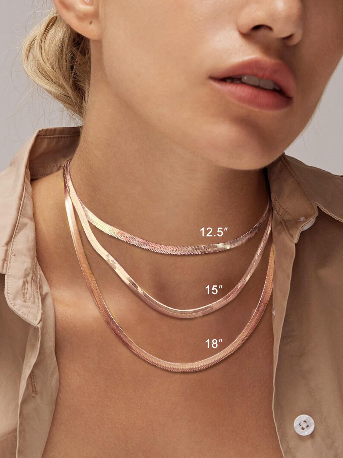 FOCALOOK 14K Gold Plated Necklaces for Women, Fashion Herringbone Choker Necklace Stainless Steel Flat Snake Chain 3/5MM(W) 12.5"/15"/18"+3.5"(L)