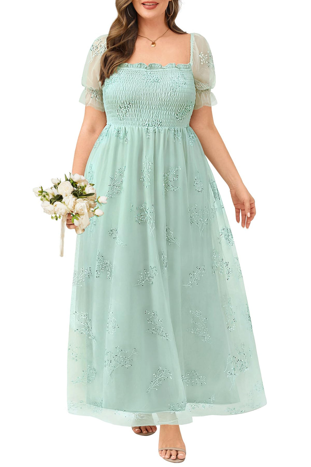 Plus Size Formal Dresses - Bridesmaid Leaf Embroidery with Sequin Tulle Prom Long Dress