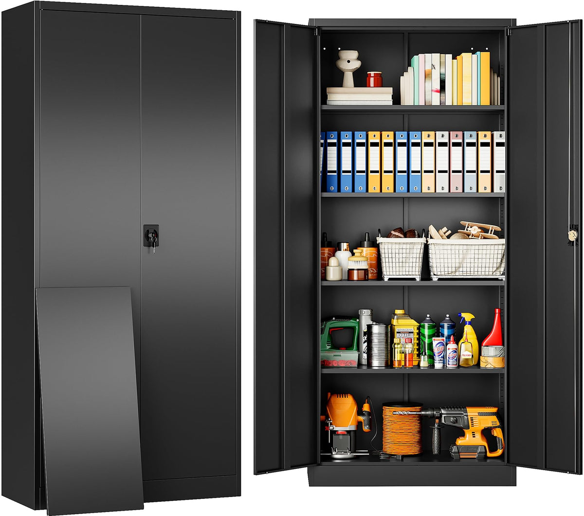 SISESOL Wide & Deep Metal Storage Cabinet with Wheels,Tall Rolling Garage Storage Cabinet with Lock,Black Metal Cabinets with Pegboards and Shelves,Tool Locker for Garage,Home,Office,43''Wx 20''Dx71"H