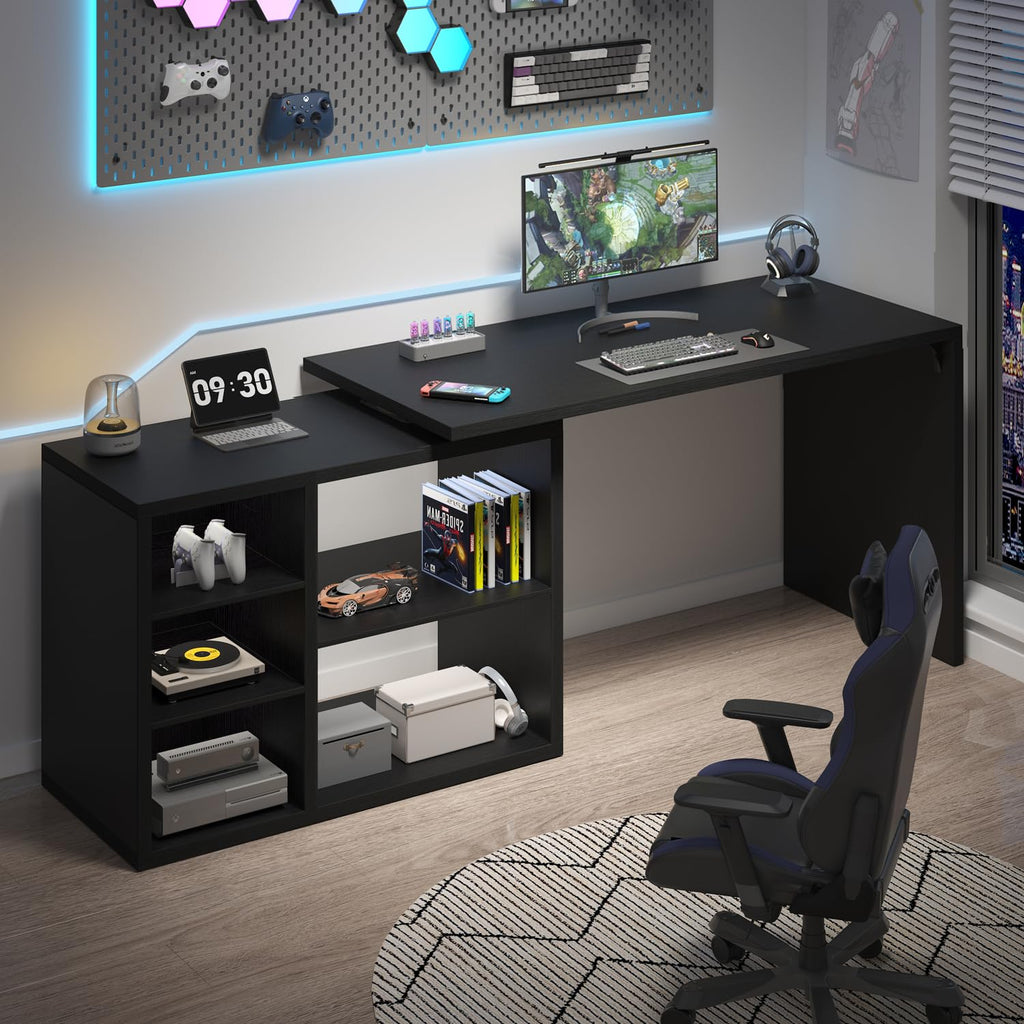 HSH Black L Shaped Computer Desk, Corner Desk with Storage Cabinet Shelves, Reversible Industrial Wood Executive Workstation, L-Shaped Home Office Table for Work Study Writing Gaming, 55 Inch