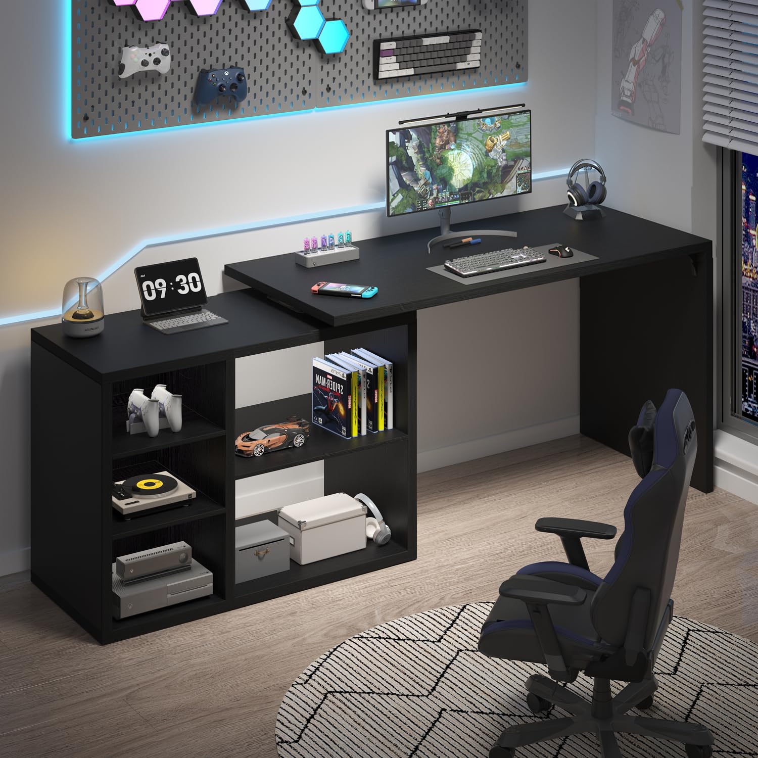 HSH Black L Shaped Computer Desk, Corner Desk with Storage Cabinet Shelves, Reversible Industrial Wood Executive Workstation, L-Shaped Home Office Table for Work Study Writing Gaming, 55 Inch