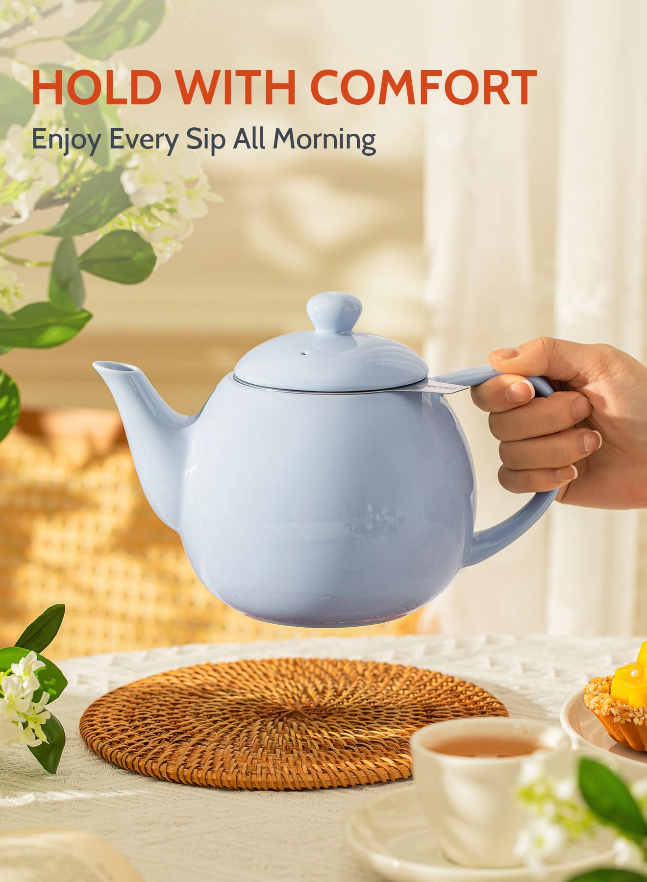 Sweese Porcelain Teapot 27 oz with Infuser for Loose Leaf Tea, Bluish Grey