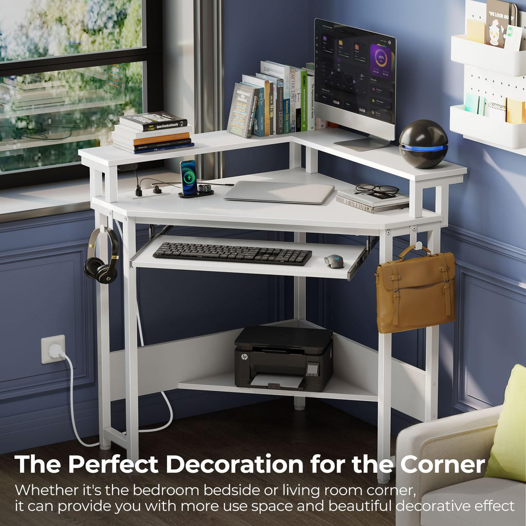 Rolanstar Corner Desk, 44.5" W x 34.5" H Small Computer Desk with Power Outlets, Gaming Desks with LED Lights, Triangle Corner Table with Keyboard Tray & Monitor Stand for Small Space, White