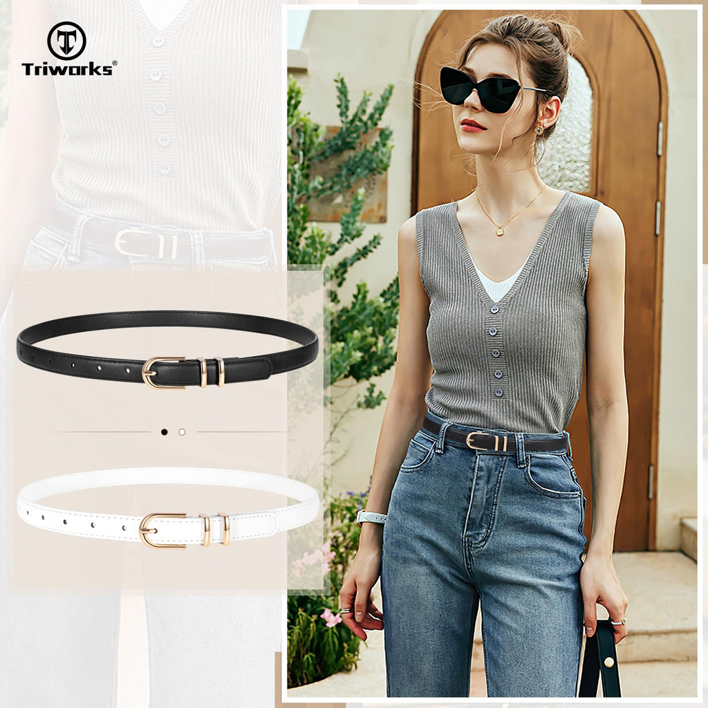 TRIWORKS 2 Pack Women Skinny Leather Belts for Jeans Pants Thin Faux Leather Belt with Gold Buckle