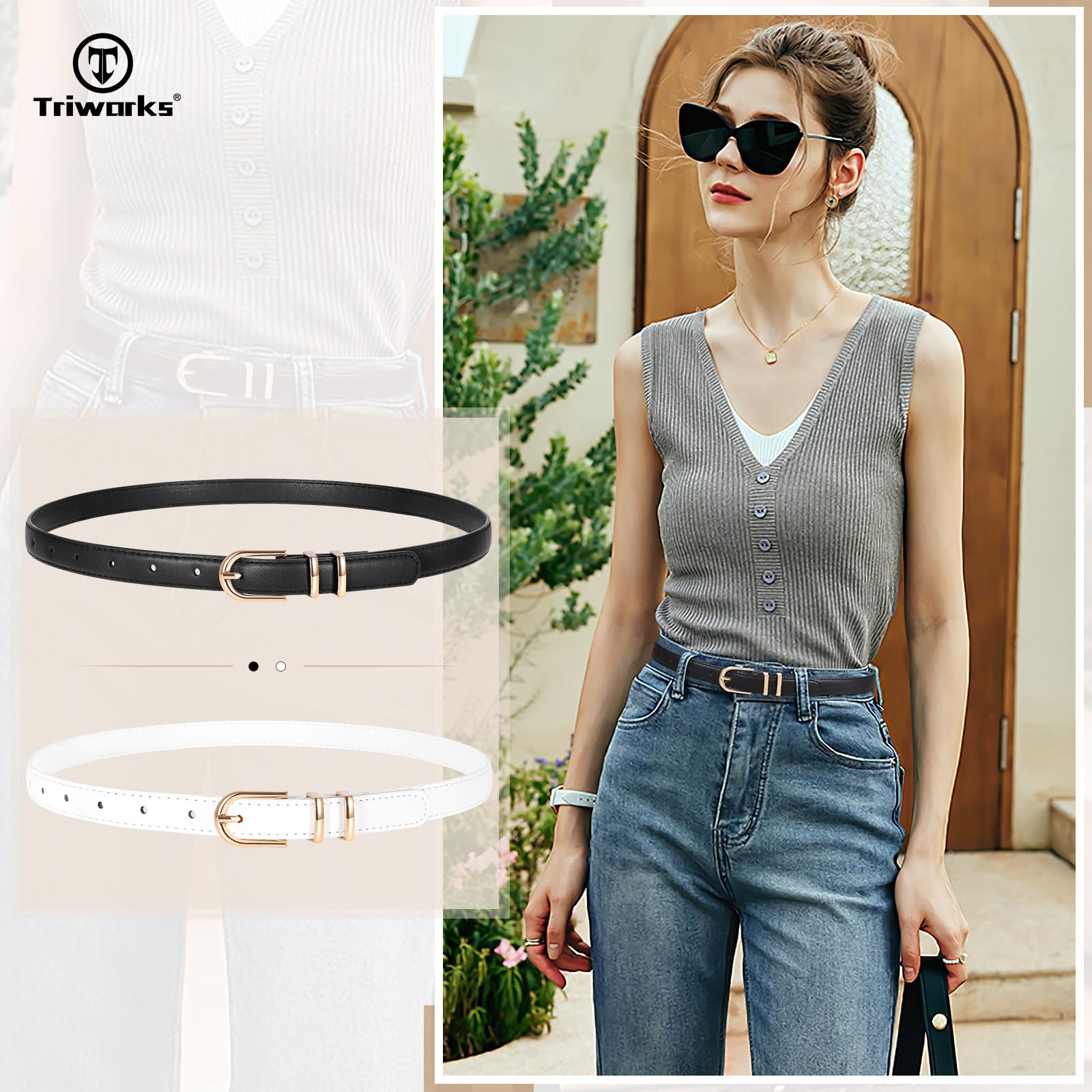 TRIWORKS 2 Pack Women Skinny Leather Belts for Jeans Pants Thin Faux Leather Belt with Gold Buckle