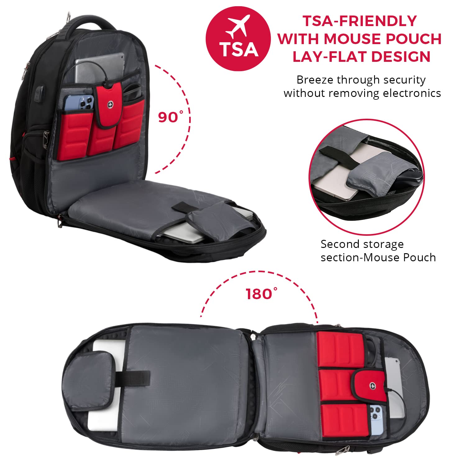 Swissdigital Design Travel Backpack for Women or Men, TSA Friendly USB Charging RFID Protection Business Carry on Bag Fits 15.6" Laptop Backpack Black | J14-BR