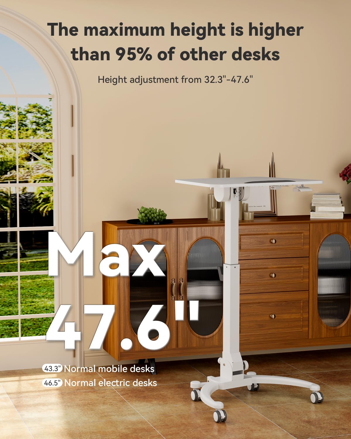 JOY worker Foldable Mobile Standing Desk, Height Adjustable Sit Stand Desk, 90° Tiltable Rolling Laptop Table, Portable Workstation with Non-Slip Mat for Home Office, Holds Up to 22lbs, Black