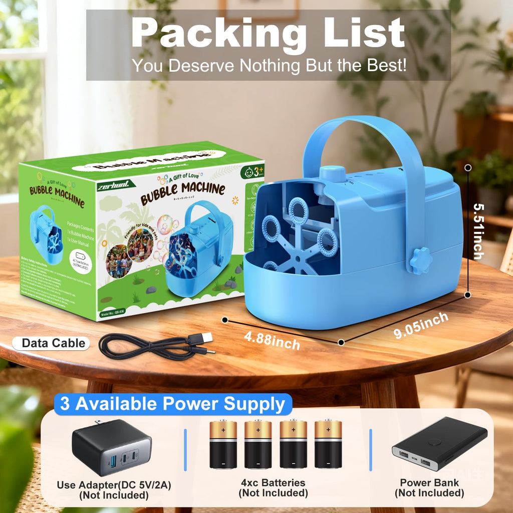Zerhunt Durable Bubble Machine for Party: 3 Power Modes for Non-Stop Fun - 18000+ Bubbles Per Minute High Output 30 Mins Bubbles per Refill - Kids Safe Auto-Stop for Outdoor Backyard Birthday