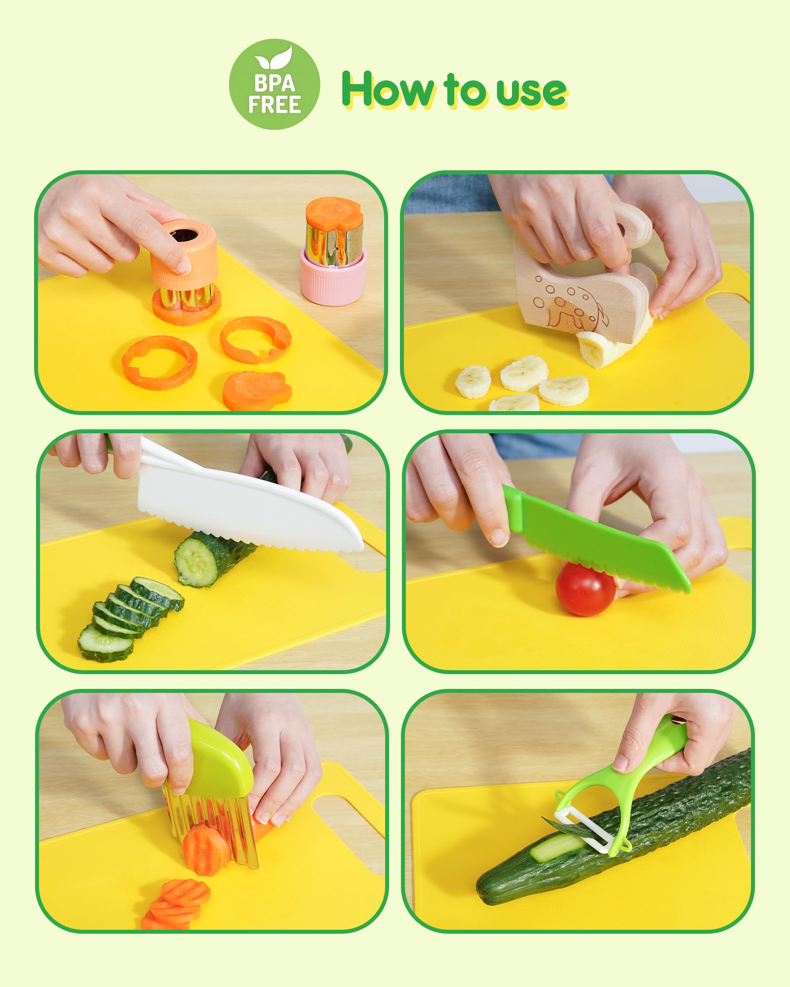 Kids Knife Set, 5 Pcs Montessori Kitchen Tools for Toddlers' Real Cooking for 3+, BPA Free Kids Safe Kitchen Cooking and Baking Set with Peeler, Cutting Board for Sandwich Bread Vegetable Fruit Gift