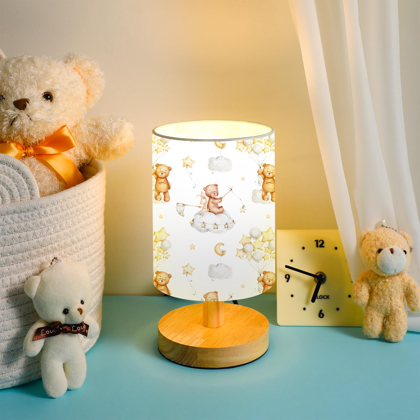 VIHOSE Woodland Animals Kids Table Lamp for Bedroom Kids Bedside Lamp with Linen Wooden Nightstand Cartoon Nursery Lampshade for Girls Boys Living Room