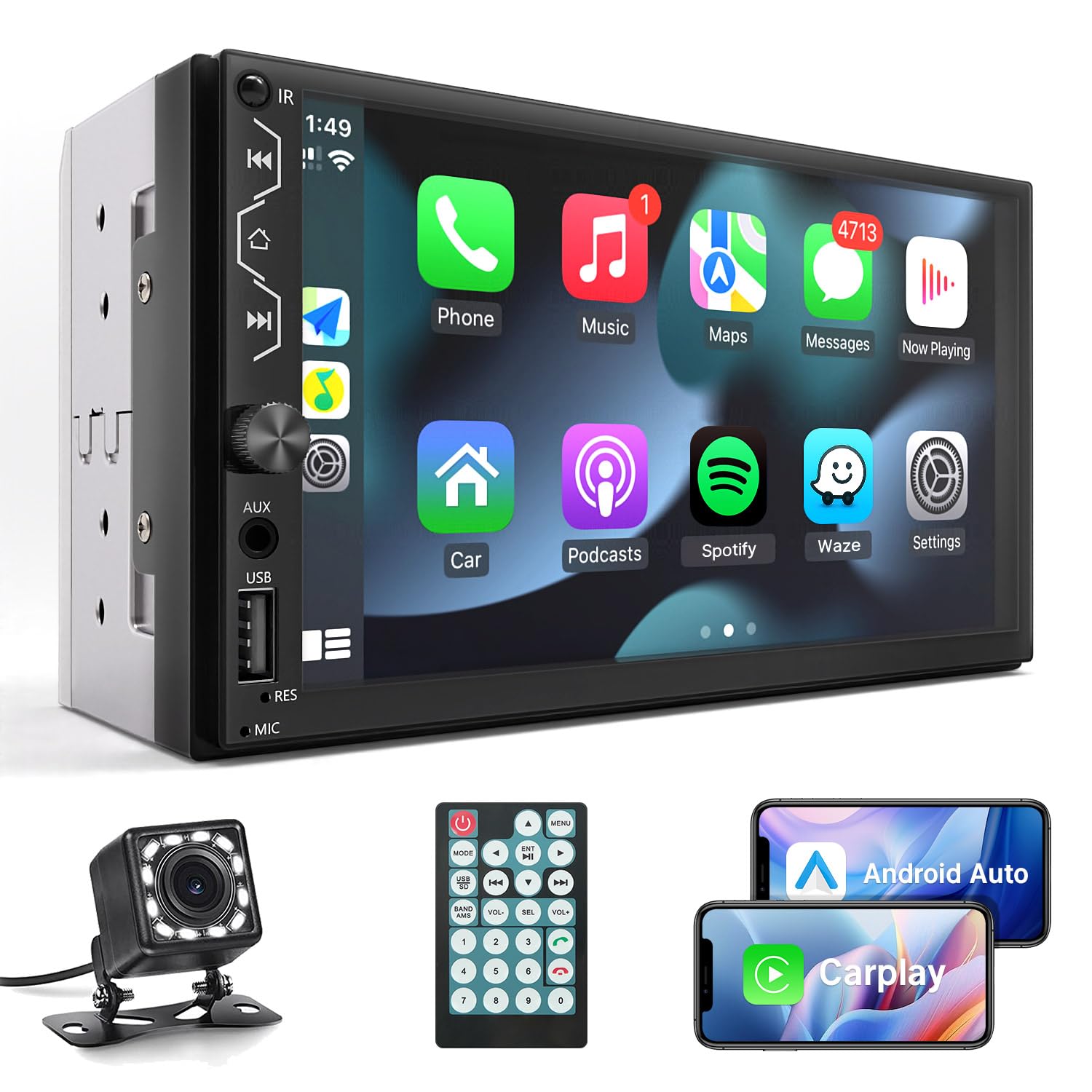 Leadfan Double Din Car Stereo with Dash Cam,7 Inch Full HD Touchscreen Car Audio Receiver Support Carplay and Android Auto,Car Stereo with Bluetooth,Mirror Link,Backup Camera,FM/USB/AUX/Subwoofer