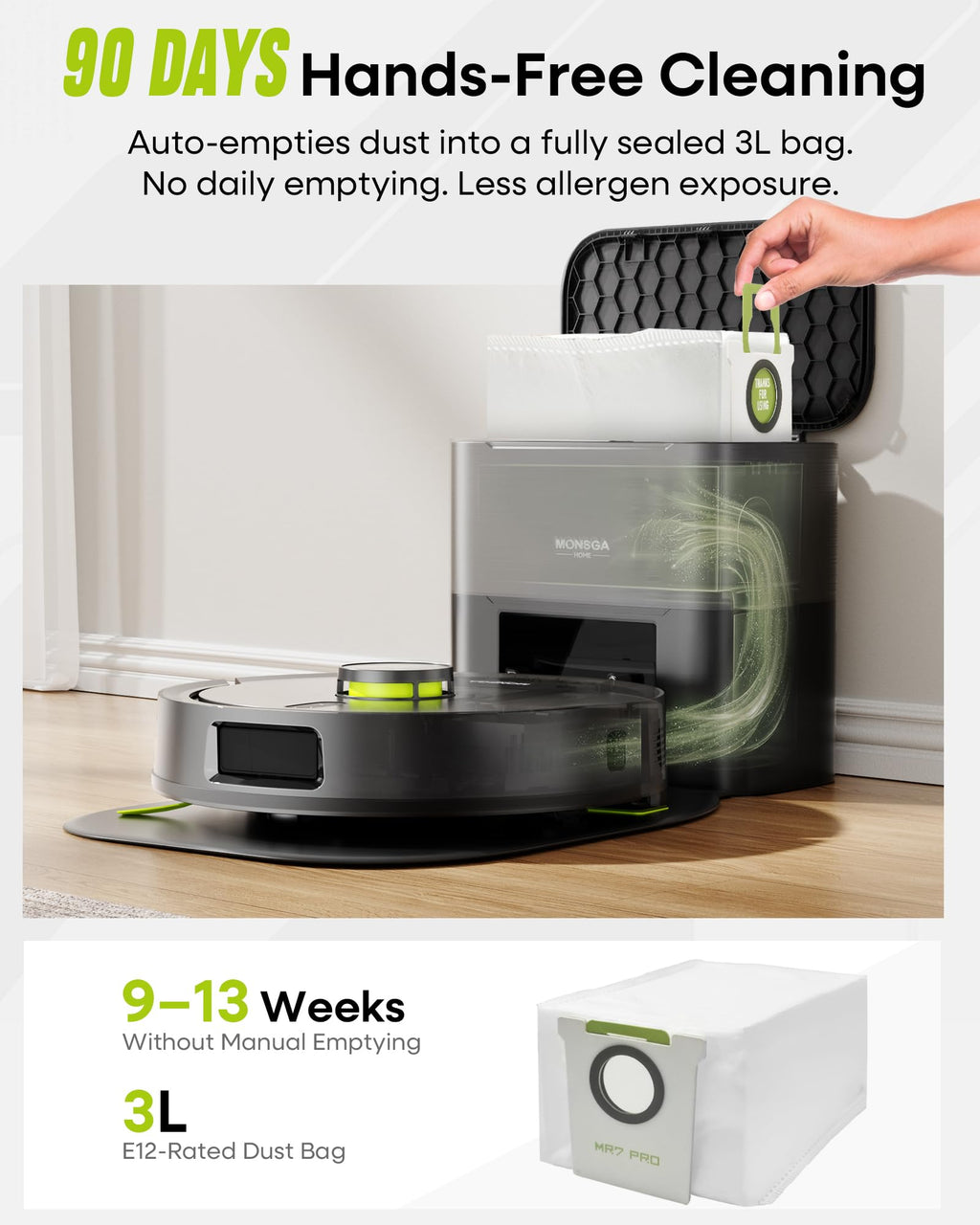 MONSGA Robot Vacuum and Mop, 90 Days Self-Emptying Robotic Vacuum, 8000Pa Suction, Dual Anti-Tangle, LiDAR Navigation, Self-Charging, WiFi/App/Alexa Control, Vacuums for Pet Hair Carpet Hard Floor