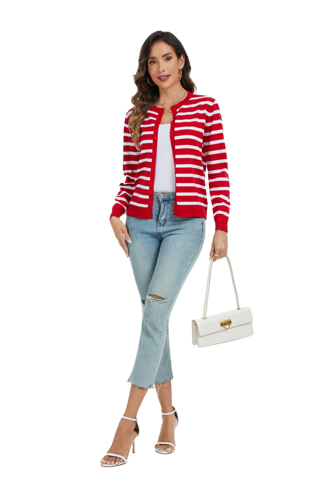 CUNYI Women's Crew Neck Cardigan Long Sleeve Sweater for Women Button Down Soft Knit Ladies Cardigan Sweates Coat