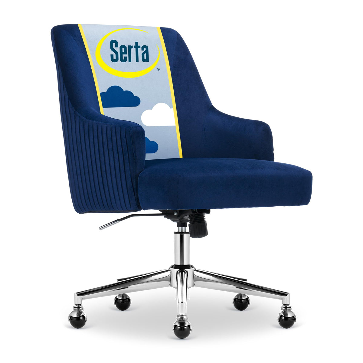 Serta Scarlett Modern Office Chair, Pleated and Curved Mid-Back Desk Chair, Pocket Coil Seat Cushion, Padded Armrests, Vanity Armchair with Wheels, Swivel Gold Base, Beige Velvet Fabric