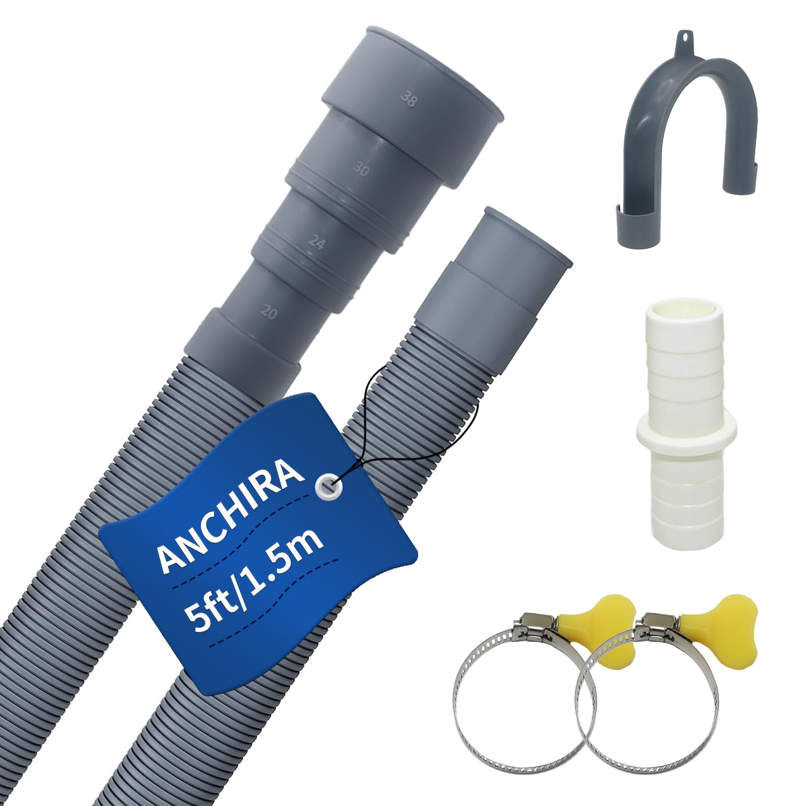 3.2 FT Washing Machine Drain Hose, Flexible Dishwasher Drain Hose Extension Kit, Universal Washer Drain Hose, Corrugated Washer Hose with 1 Adapter, 2 Hose Clamps, 1 U-Bend Hose Holder