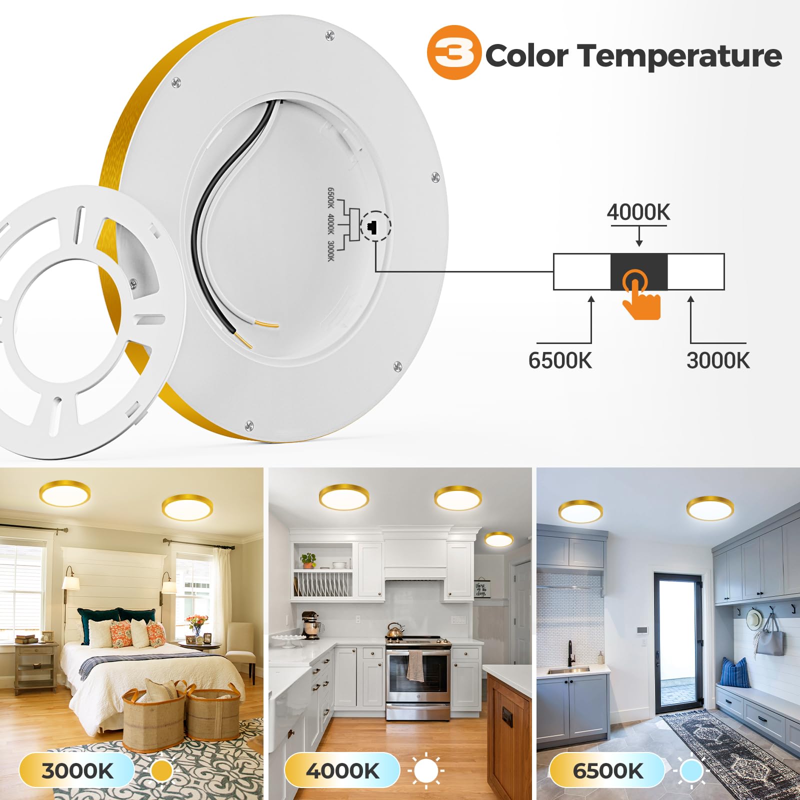 1PACK LED Flush Mount Ceiling Light Fixture, 3000K-4000K-6500K & 100W Equivalent Modern Kitchen Ceiling Lamp 15W 1500Lm 7.5 Inch Closet Round Surface for Bathroom Laundry Bedroom Hallway, Black