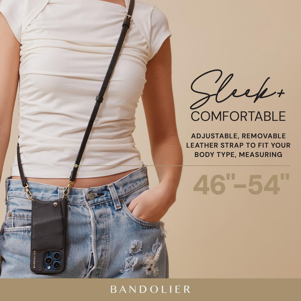 Bandolier Emma Crossbody Wallet Phone Case for iPhone 15 Pro Max. 100% Genuine Pebble Leather. Adjustable & Removable Crossbody Strap. Card Holder with Snap Closure. Black with Gold Hardware