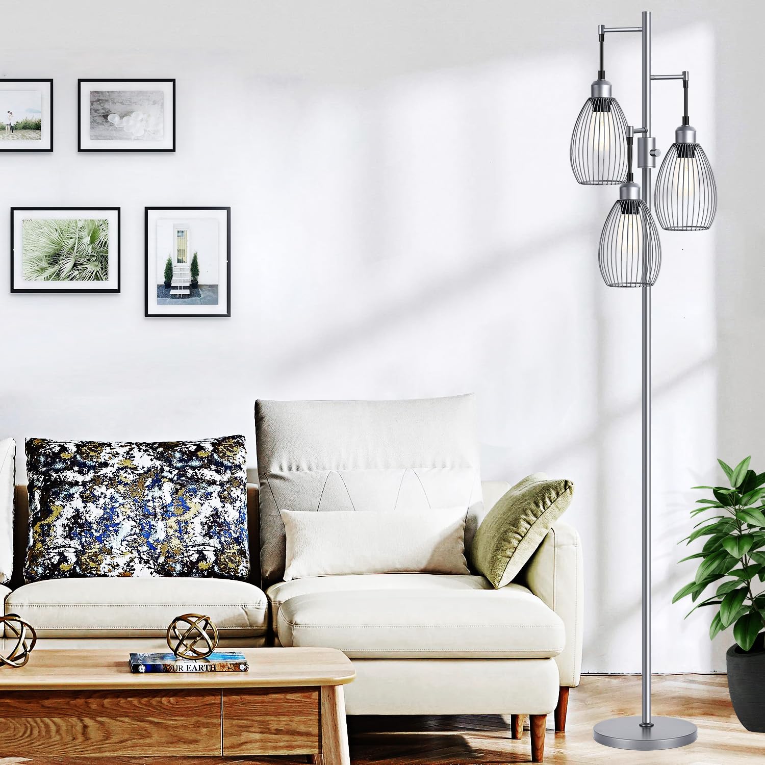 Dimmable Floor Lamp, 3 x 800LM LED Edison Bulbs Included, Farmhouse Industrial Floor Lamp Standing Tree Lamp with Elegant Teardrop Cage Tall Lamps for Living Room Bedroom Office Dining Room-Brass