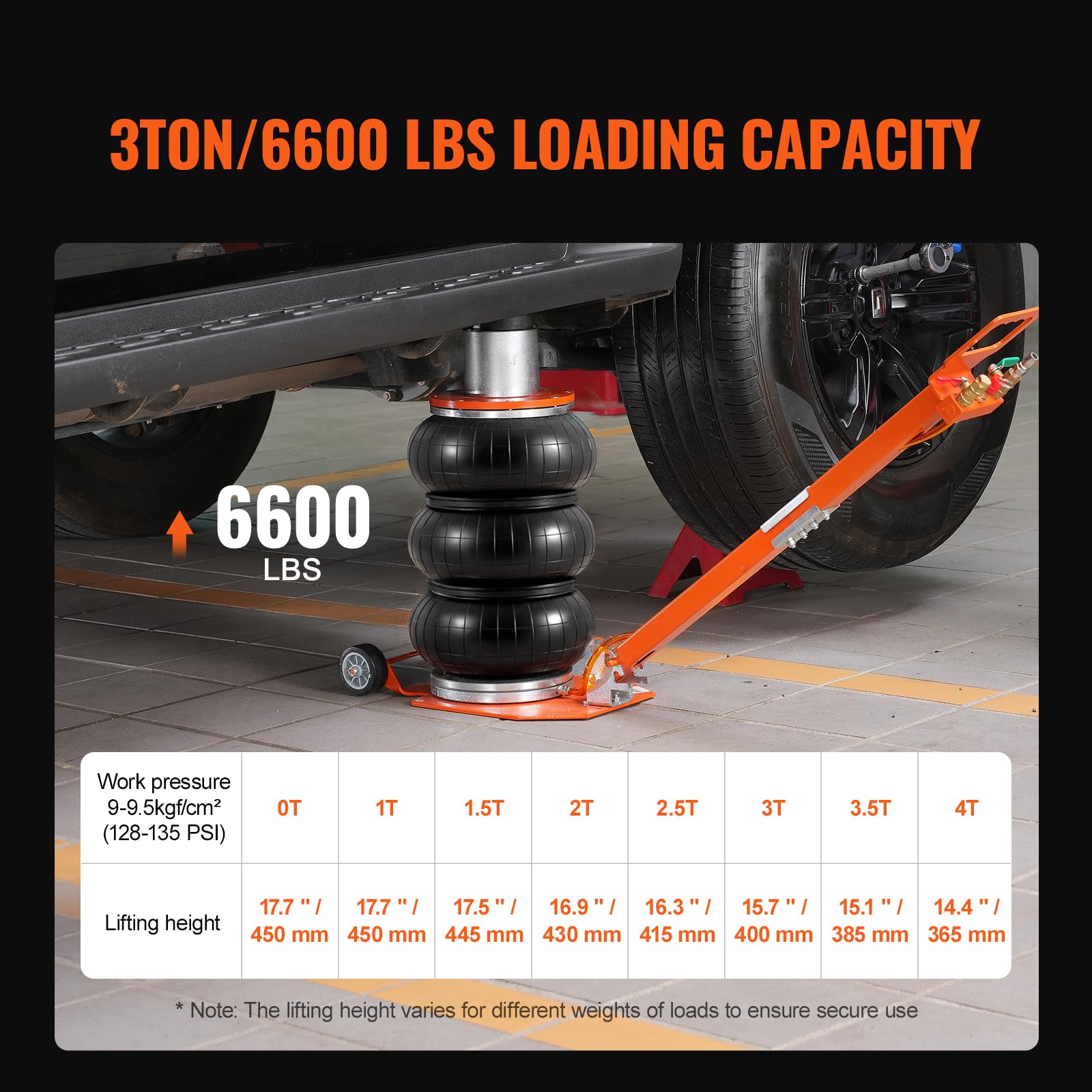 VEVOR Air Jack, 3 Ton/6600 lbs Triple Bag Air Jack, Airbag Jack with Six Steel Pipes, Lift up to 17.7 inch/450 mm, 3-5 s Fast Lifting Pneumatic Jack, with Short Handles for Car Repair