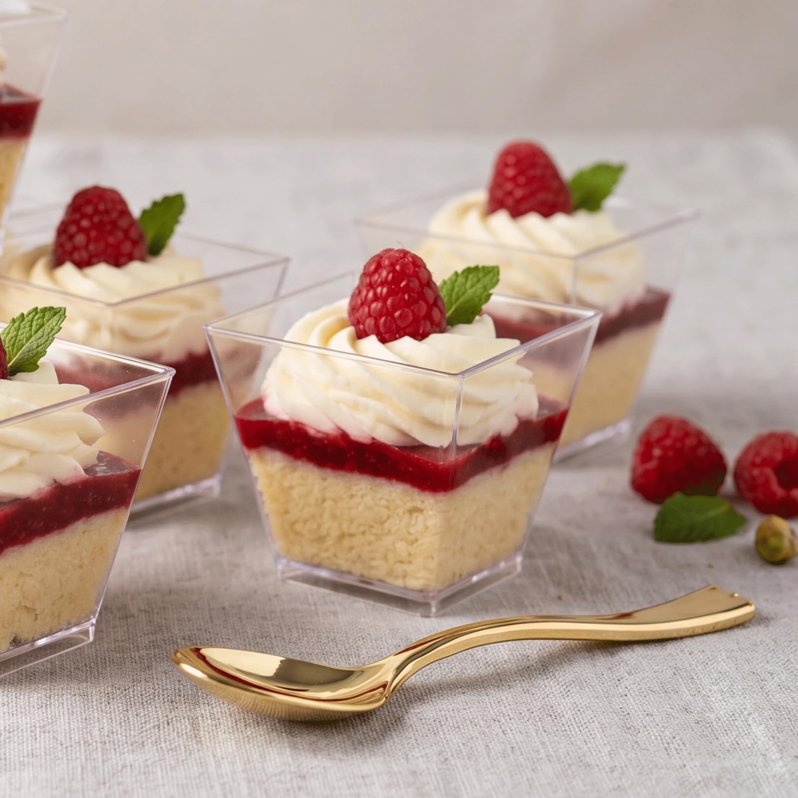 supernal 2oz Square Plastic Mini Dessert Cups with Gold Spoons,Parfait Appetizer Cup,100pcs Cups,100pcs Gold Spoons,Perfect for Birthday,Party,Wedding